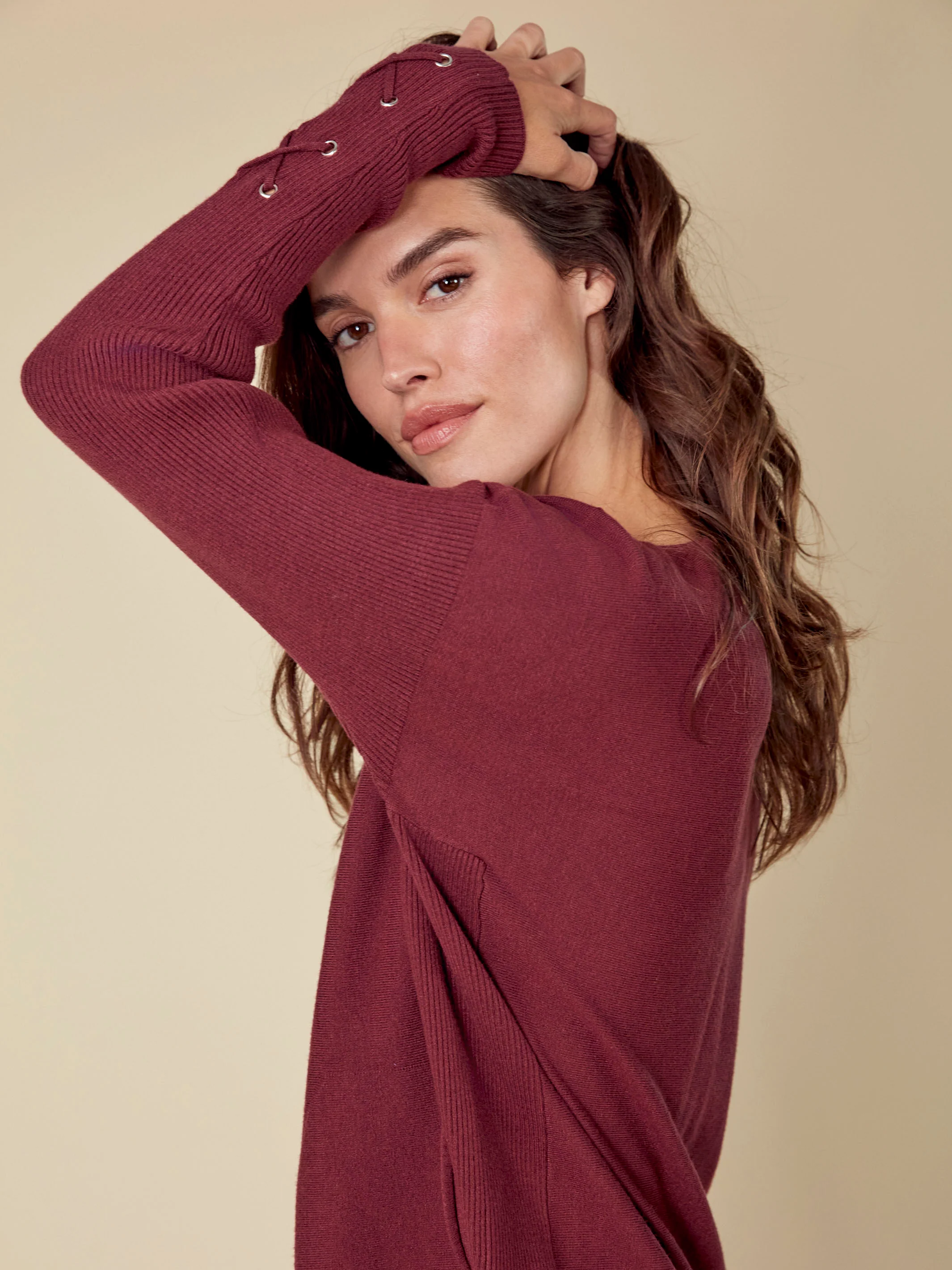 Knit Sweater With Lace-Up Cuffs - Cabernet - Image 9