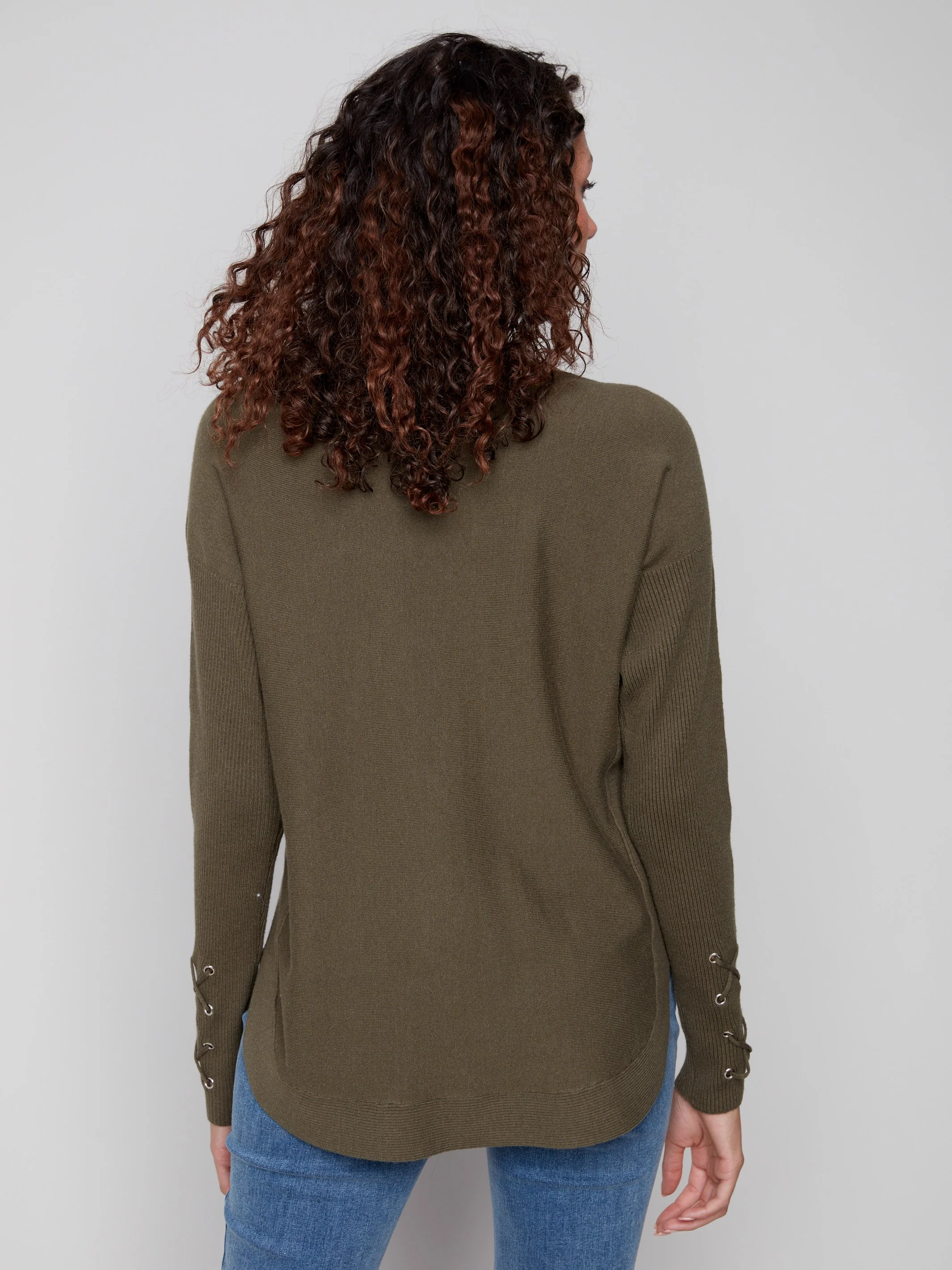 Knit Sweater With Lace-Up Cuffs - Spruce - Image 3