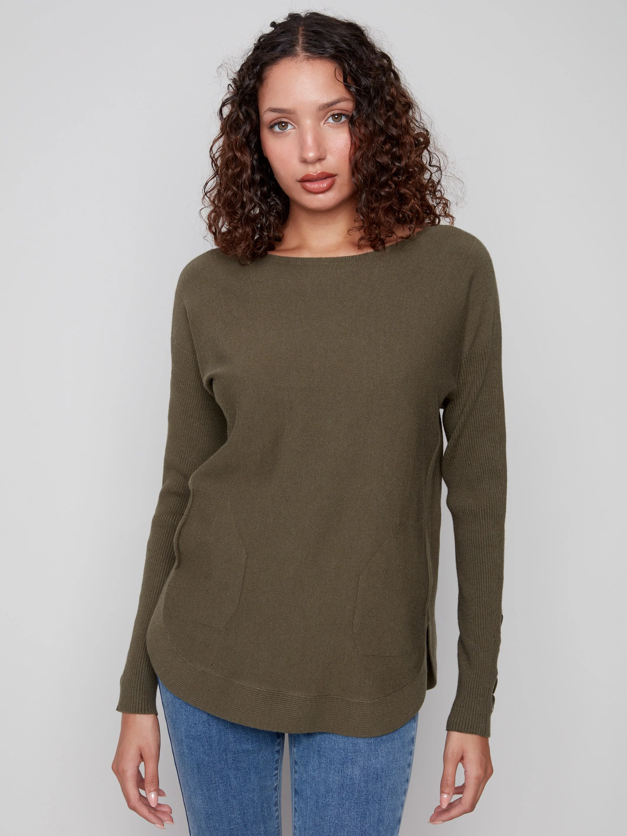 Knit Sweater With Lace-Up Cuffs - Spruce - Image 4