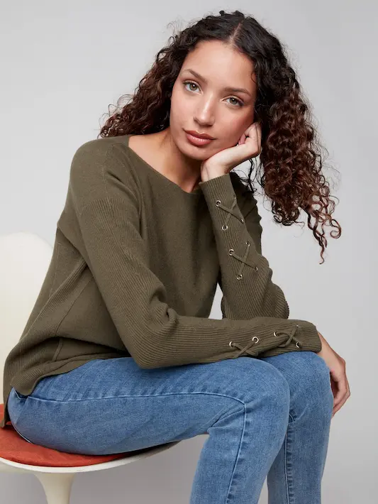 Knit Sweater With Lace-Up Cuffs - Spruce - Image 5