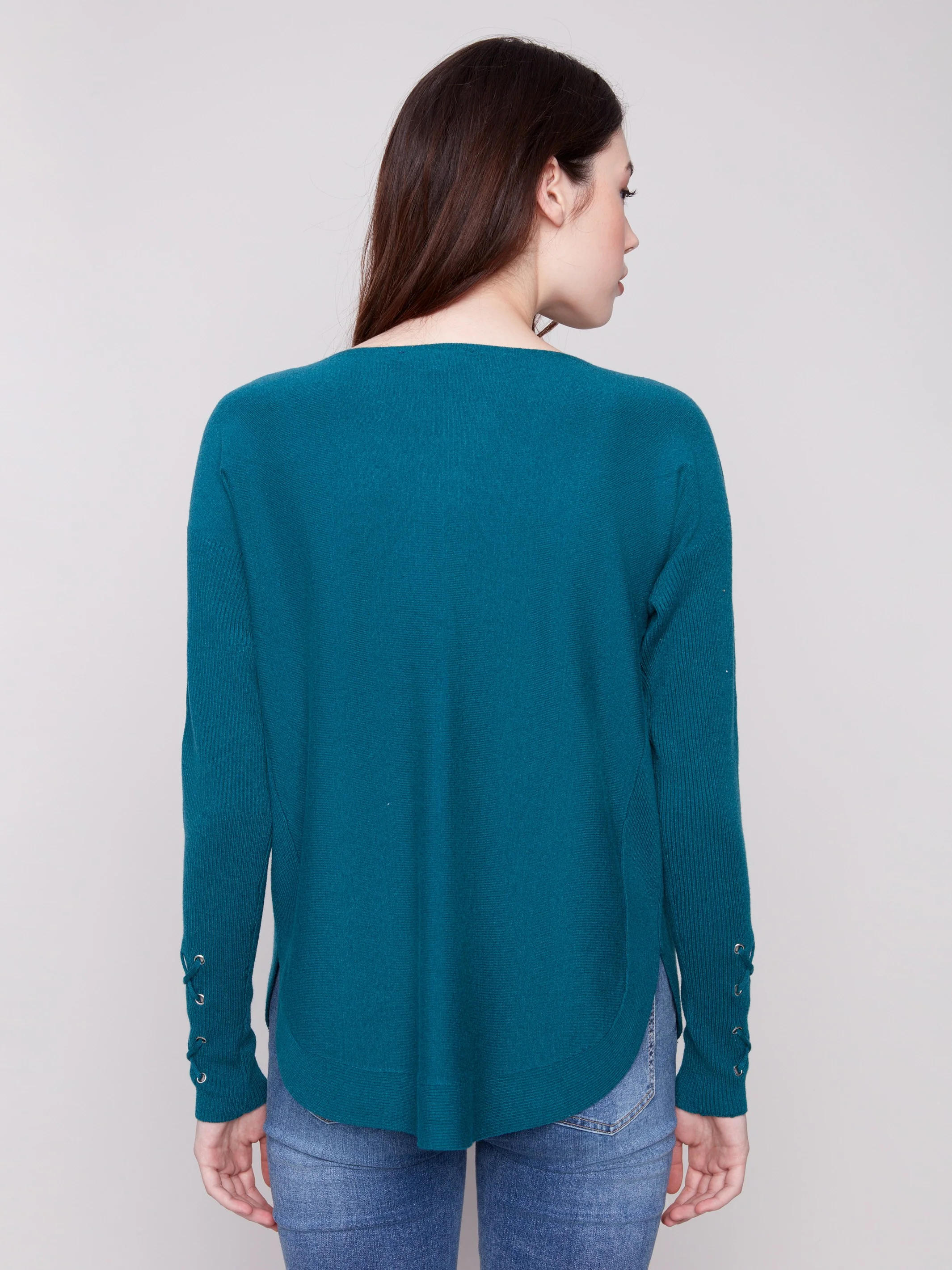 Knit Sweater With Lace-Up Cuffs - Evergreen - Image 3