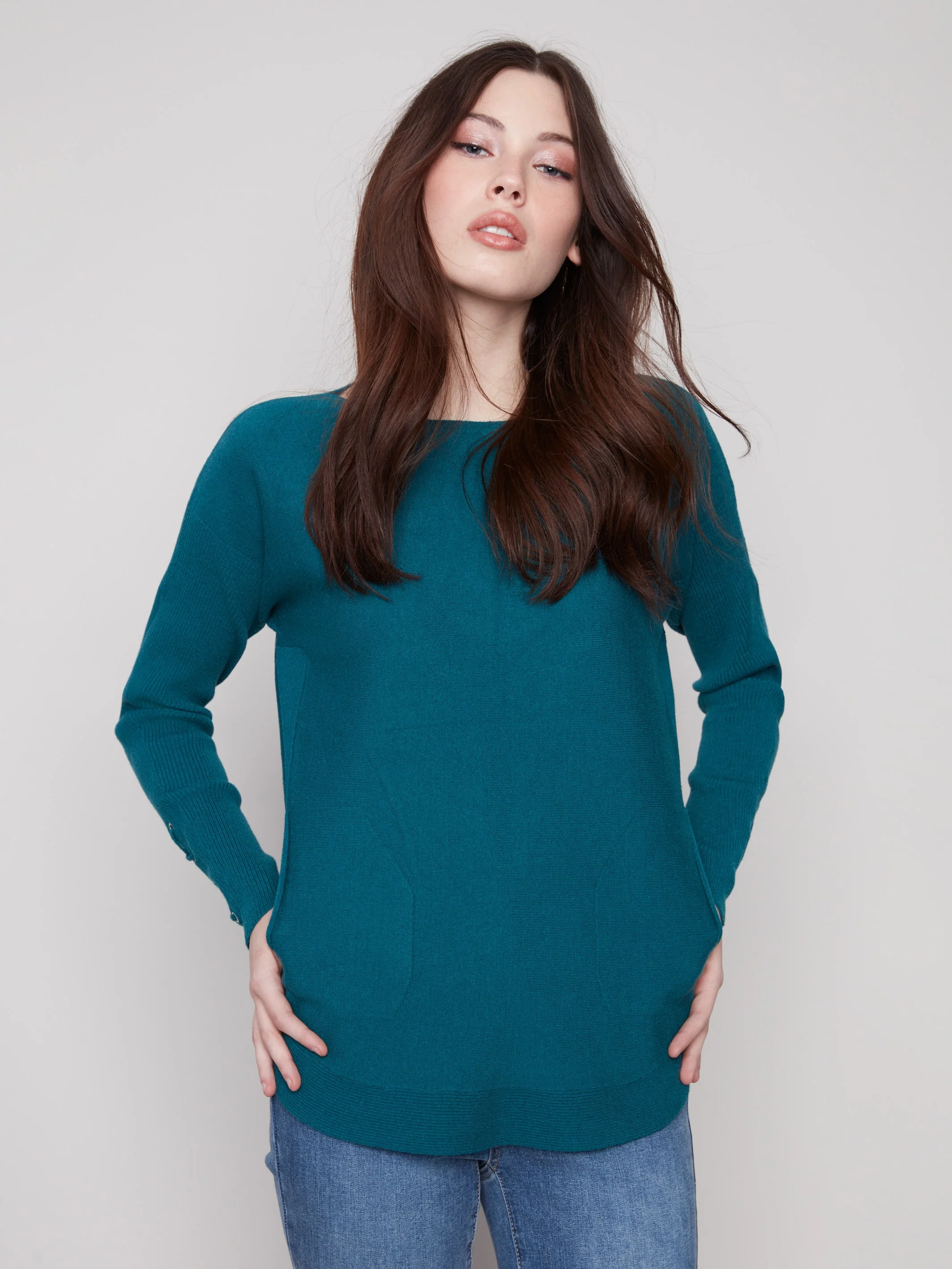 Knit Sweater With Lace-Up Cuffs - Evergreen - Image 4