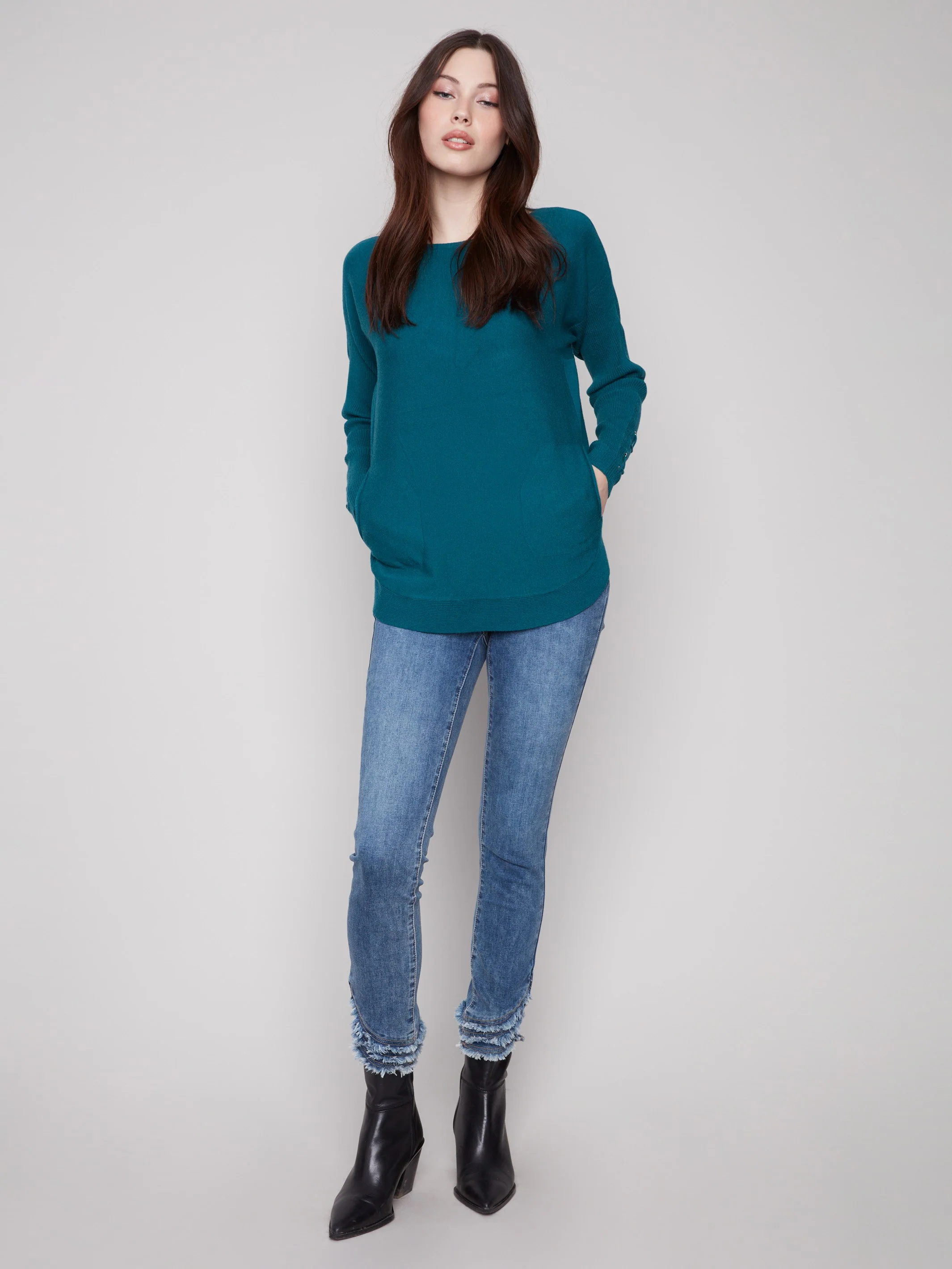 Knit Sweater With Lace-Up Cuffs - Evergreen - Image 5