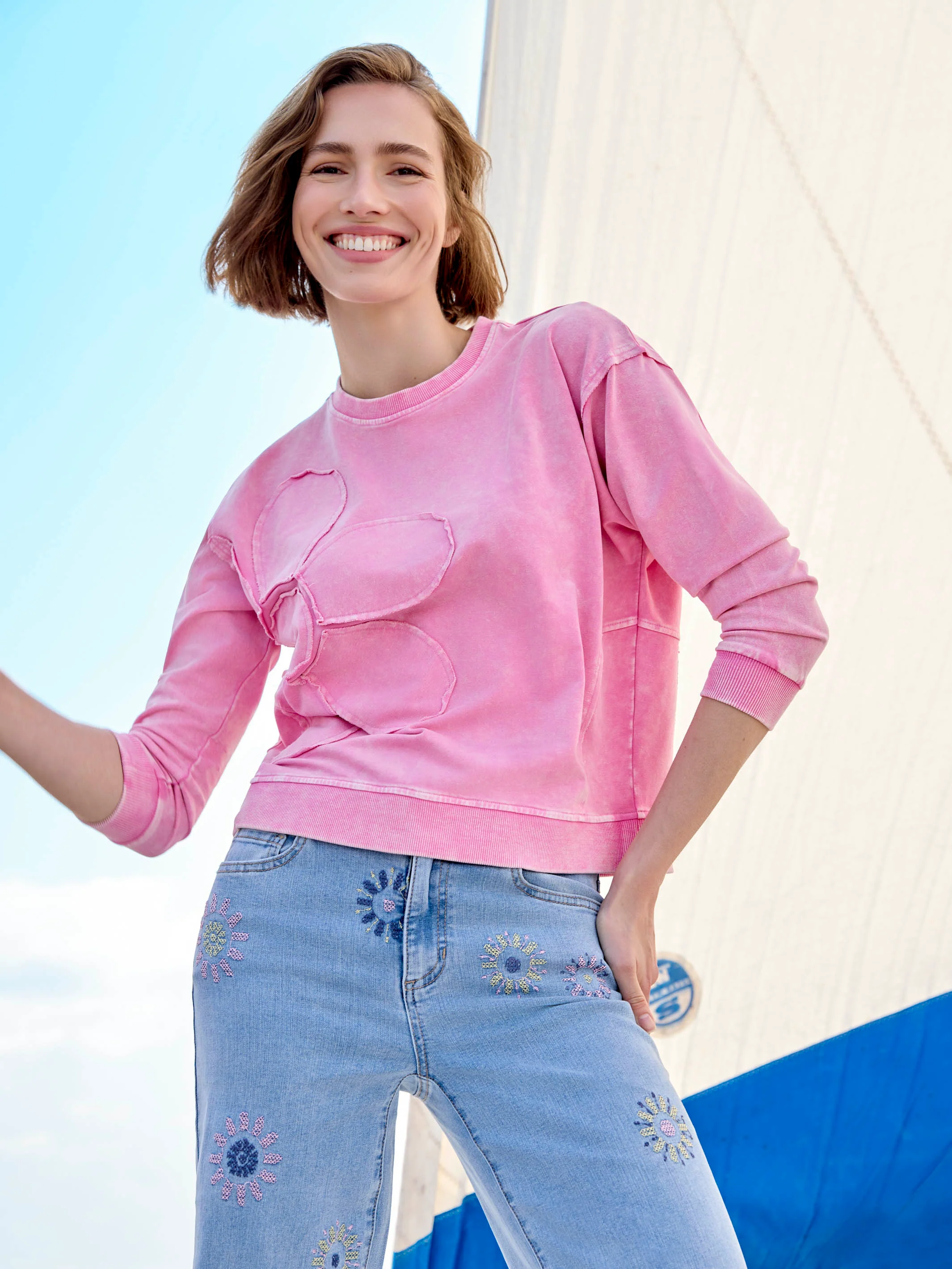 Long Sleeve Top With Flower Appliqué - Candy - Image 10