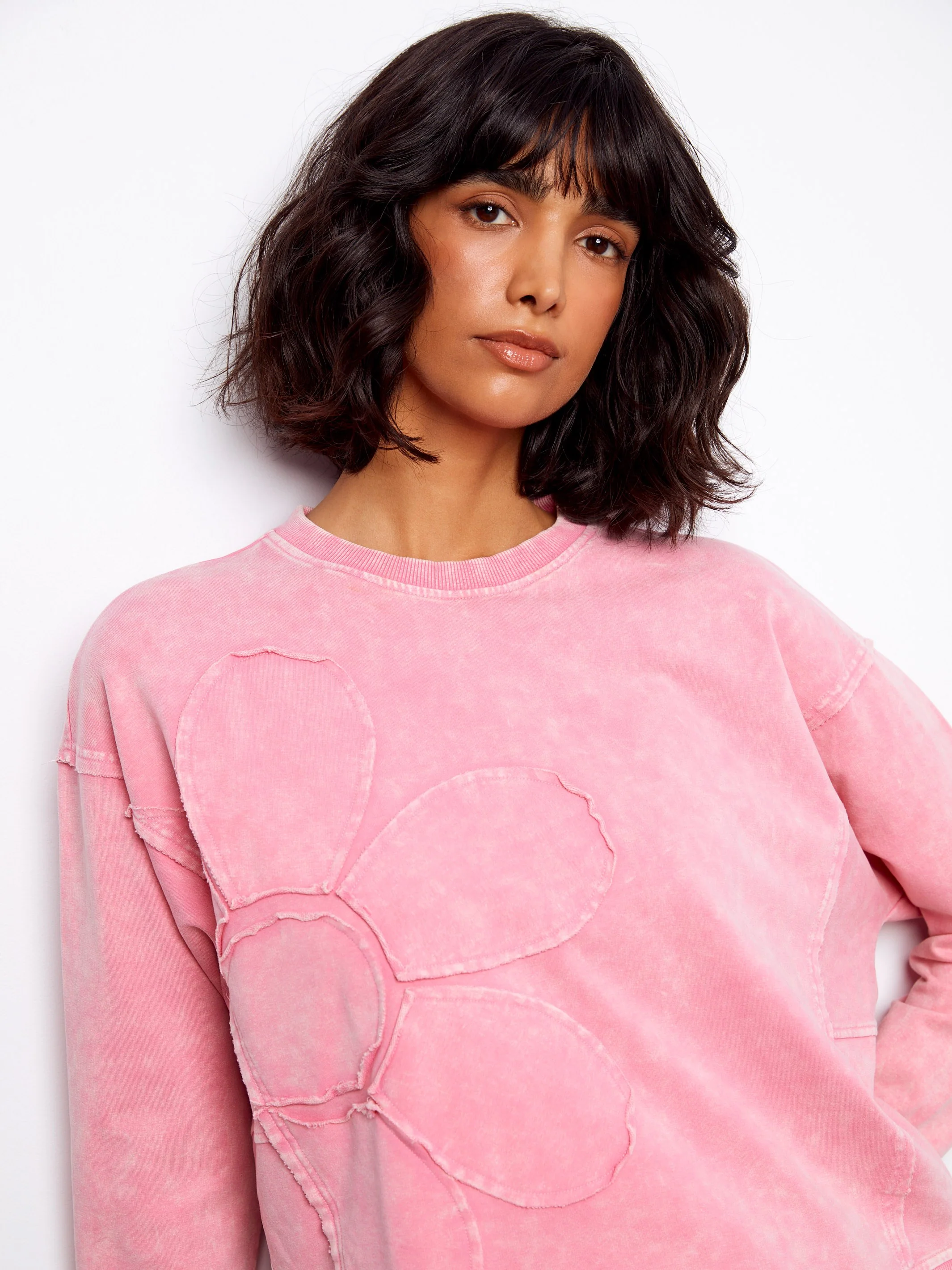 Long Sleeve Top With Flower Appliqué - Candy - Image 3