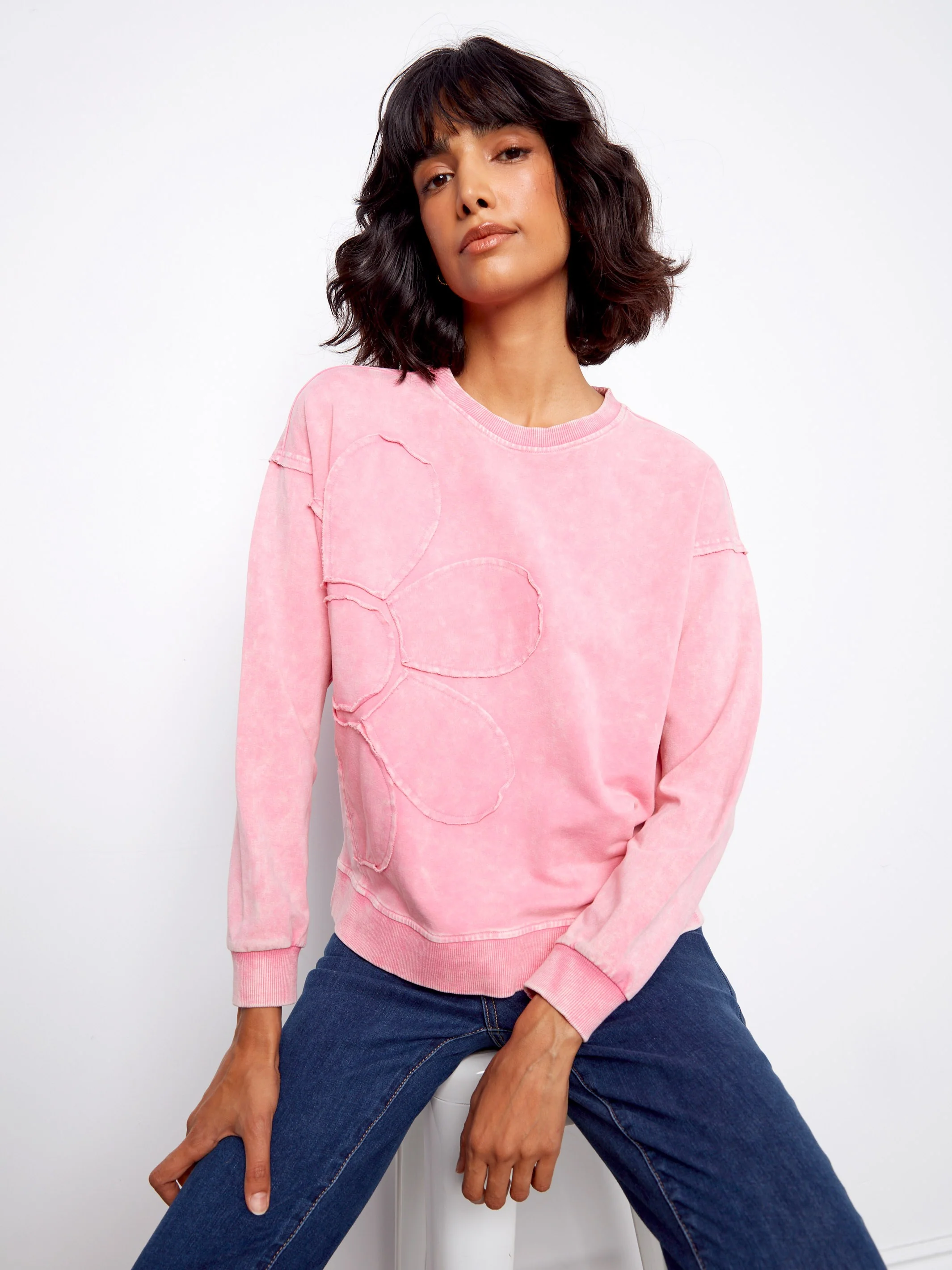 Long Sleeve Top With Flower Appliqué - Candy - Image 4