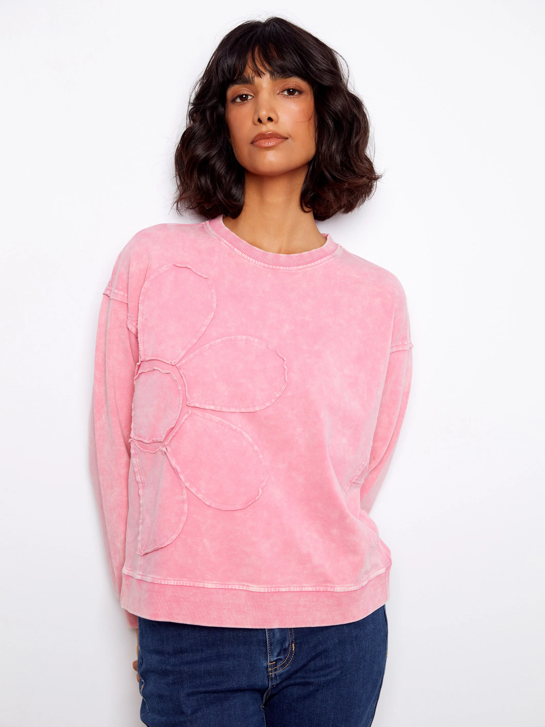 Long Sleeve Top With Flower Appliqué - Candy - Image 5