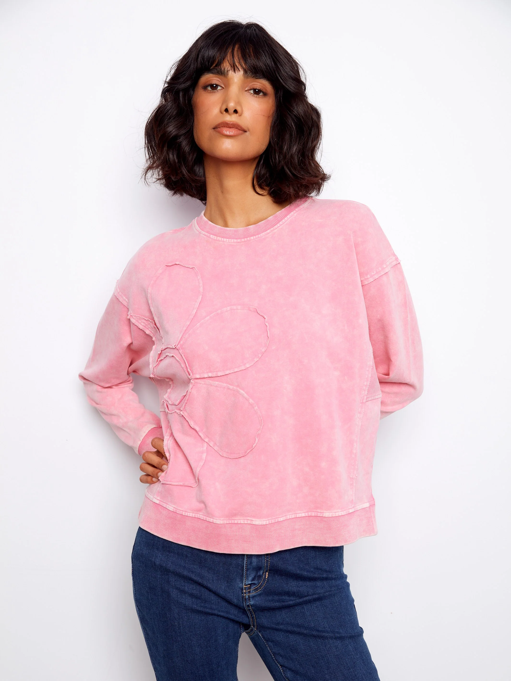 Long Sleeve Top With Flower Appliqué - Candy - Image 7