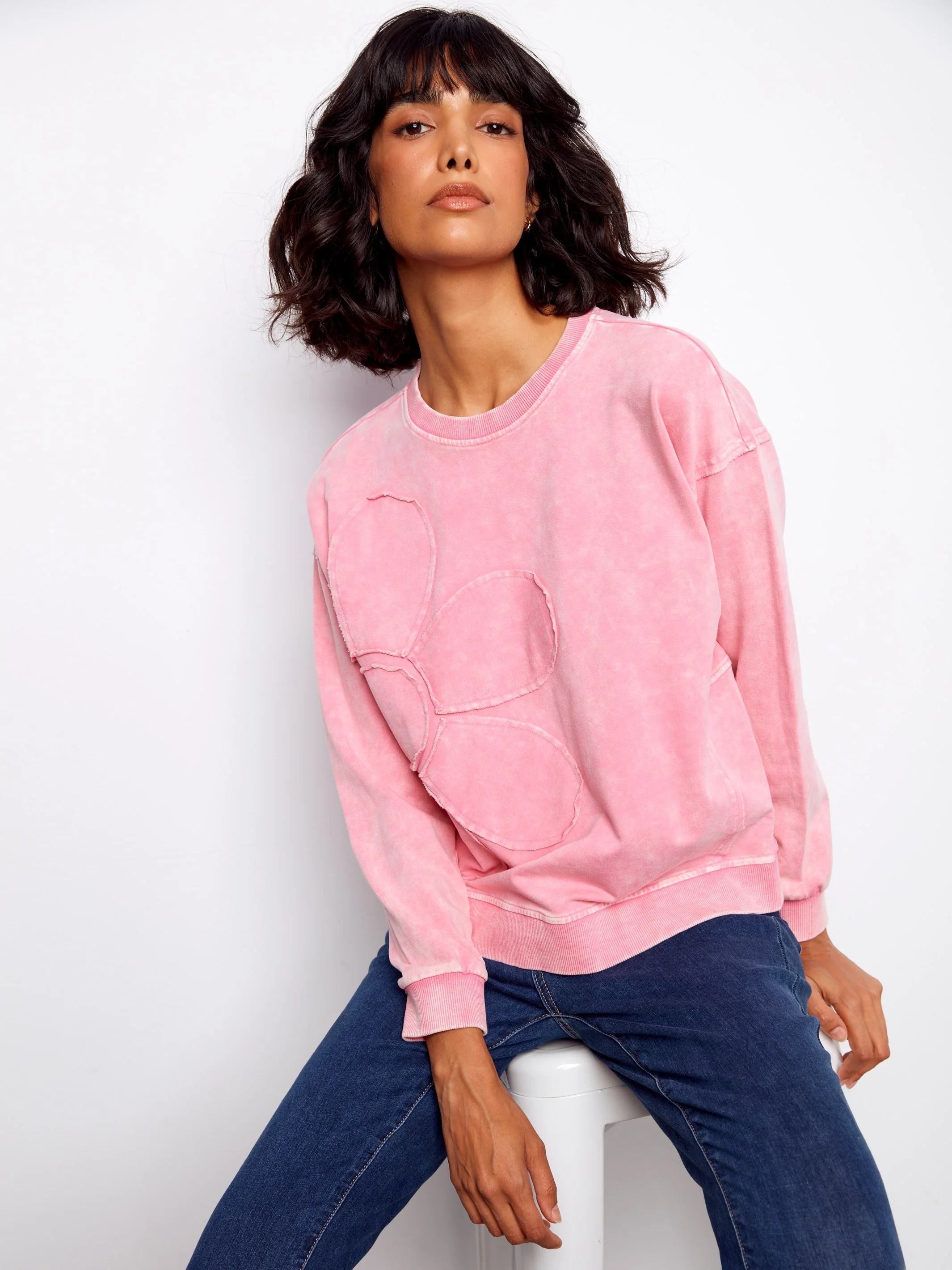 Long Sleeve Top With Flower Appliqué - Candy - Image 8