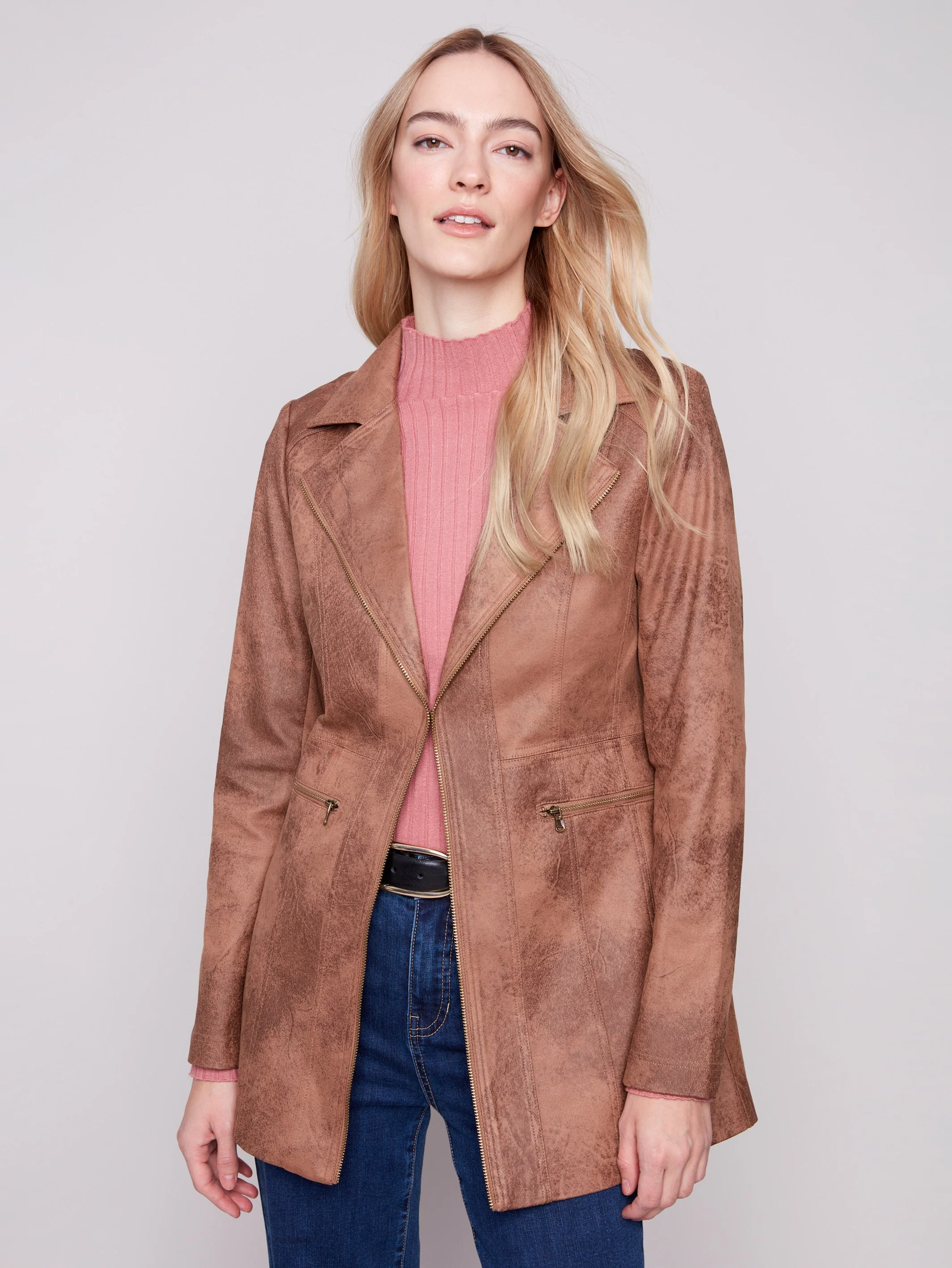 Long Vintage Faux Suede Jacket - Truffle - Image 5