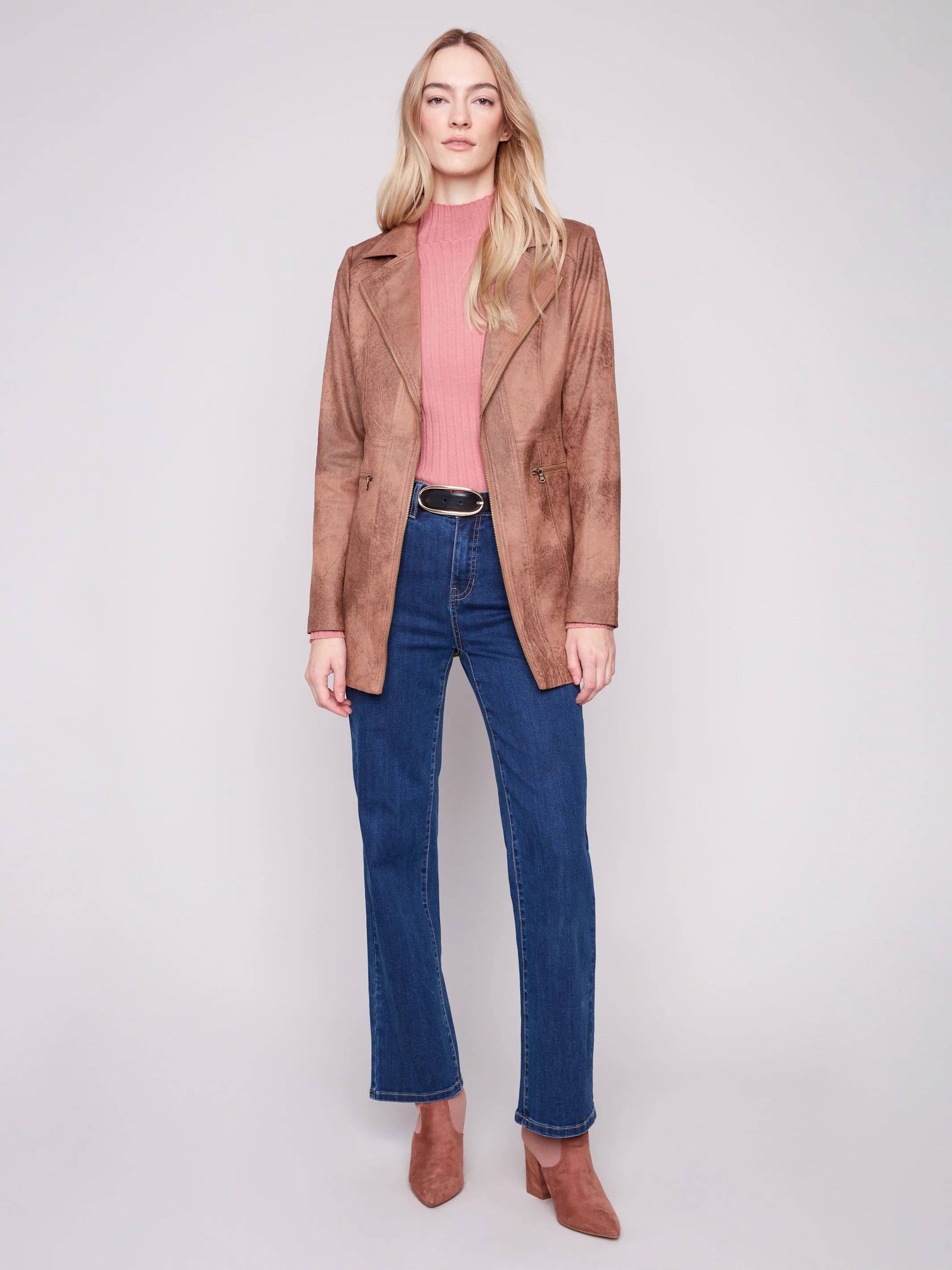 Long Vintage Faux Suede Jacket - Truffle - Image 6