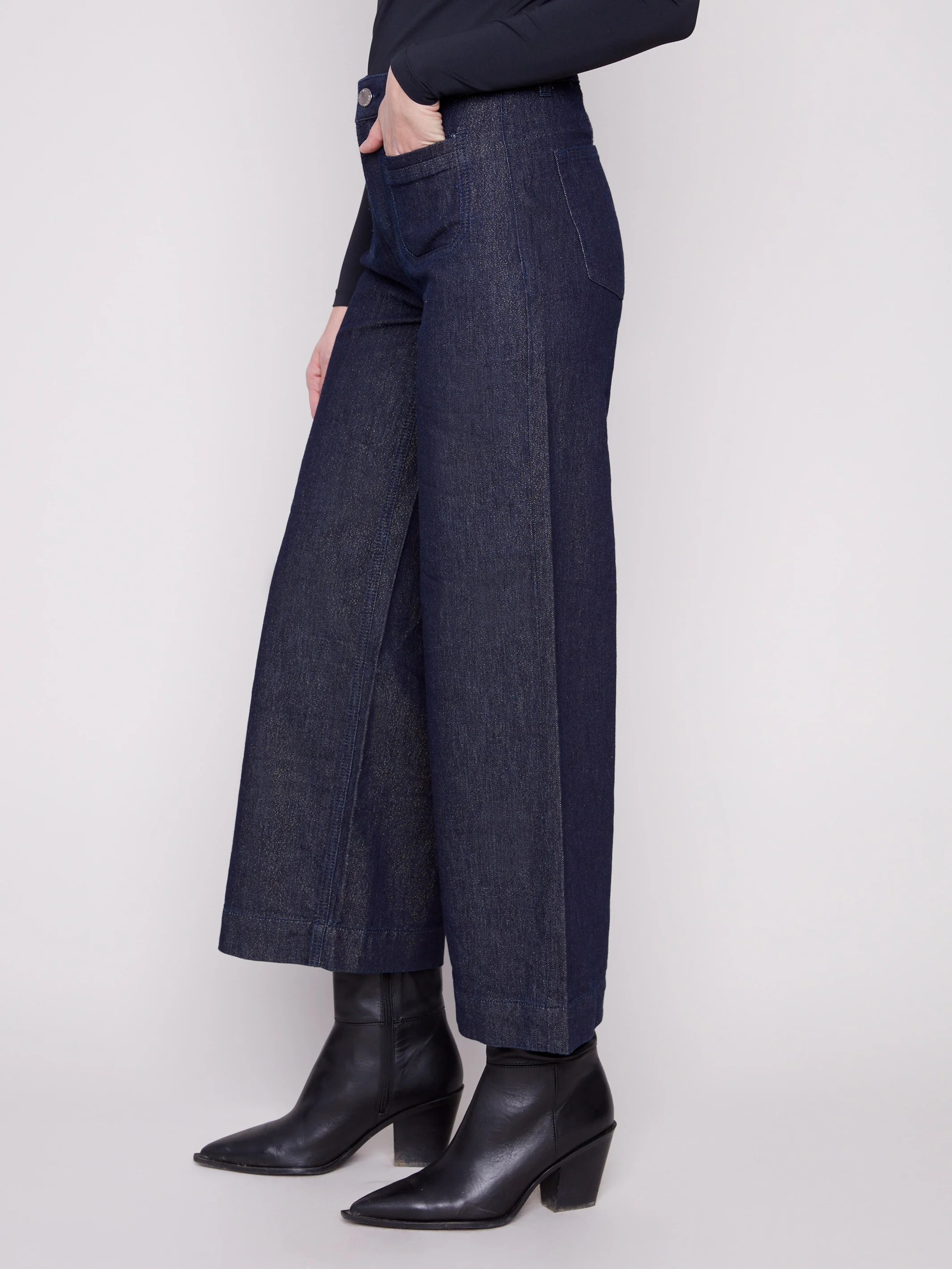 Metallic Patch Pocket Flare Jeans - Blue Black - Image 3