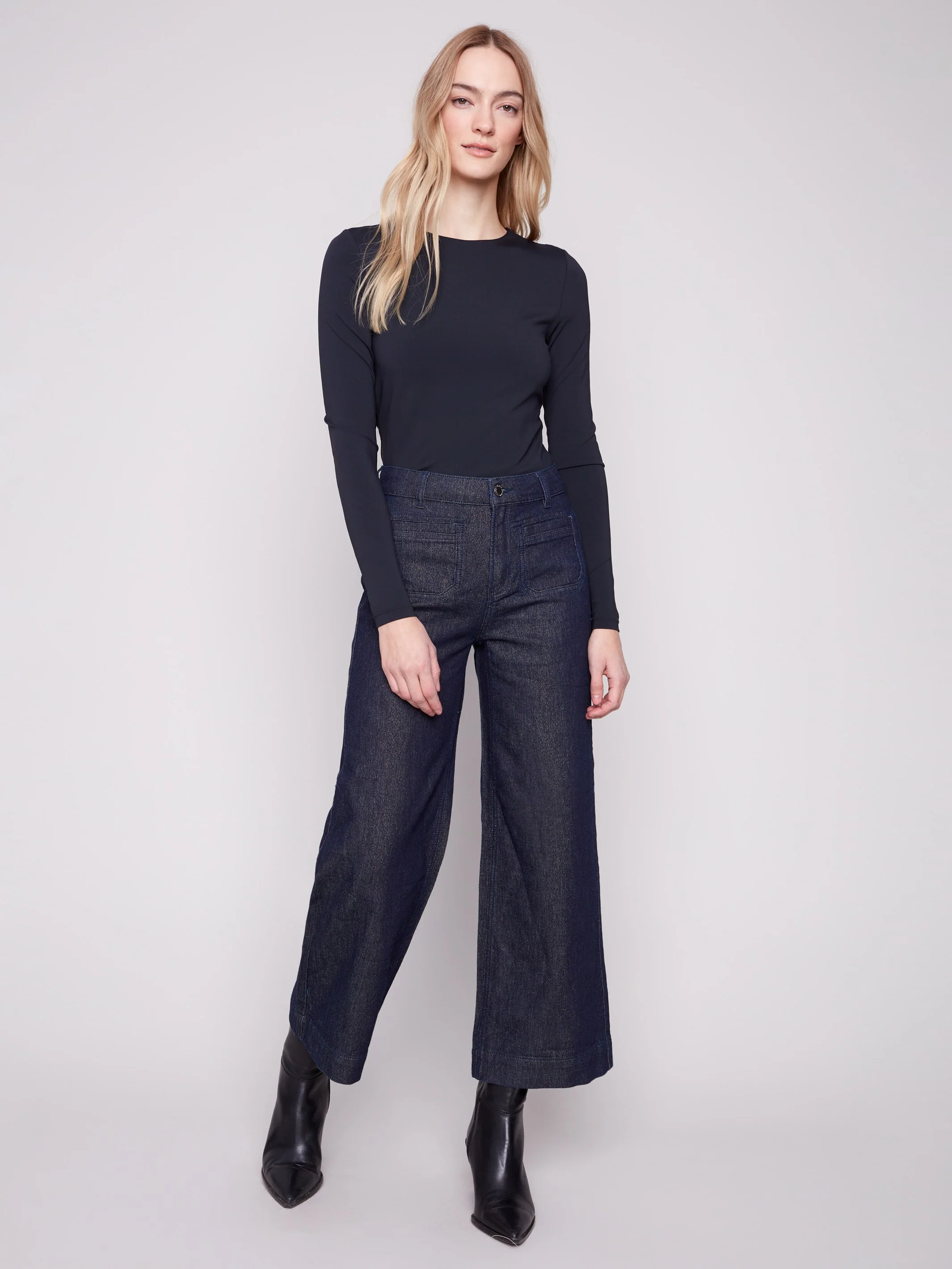 Metallic Patch Pocket Flare Jeans - Blue Black - Image 5
