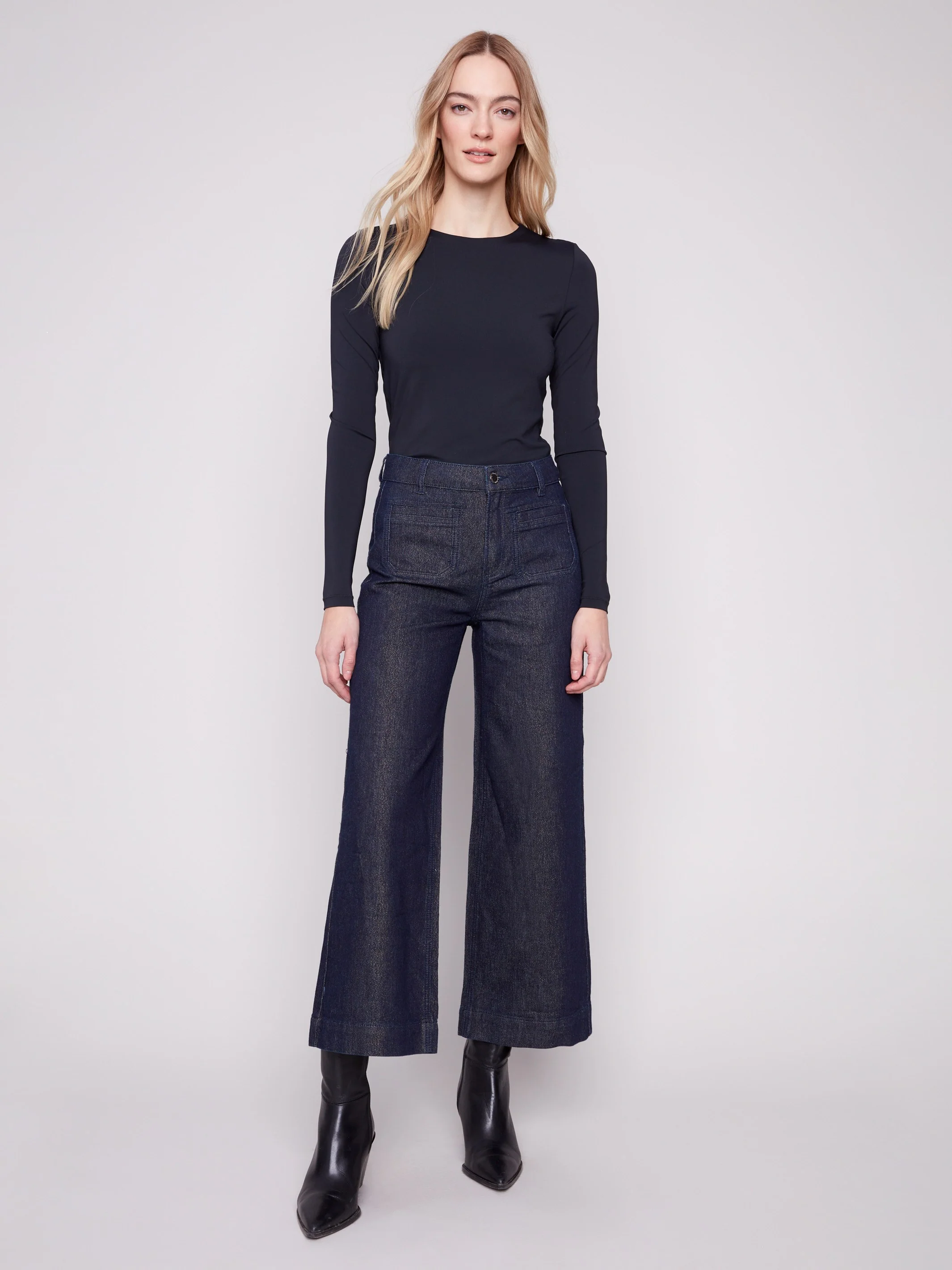 Metallic Patch Pocket Flare Jeans - Blue Black - Image 6