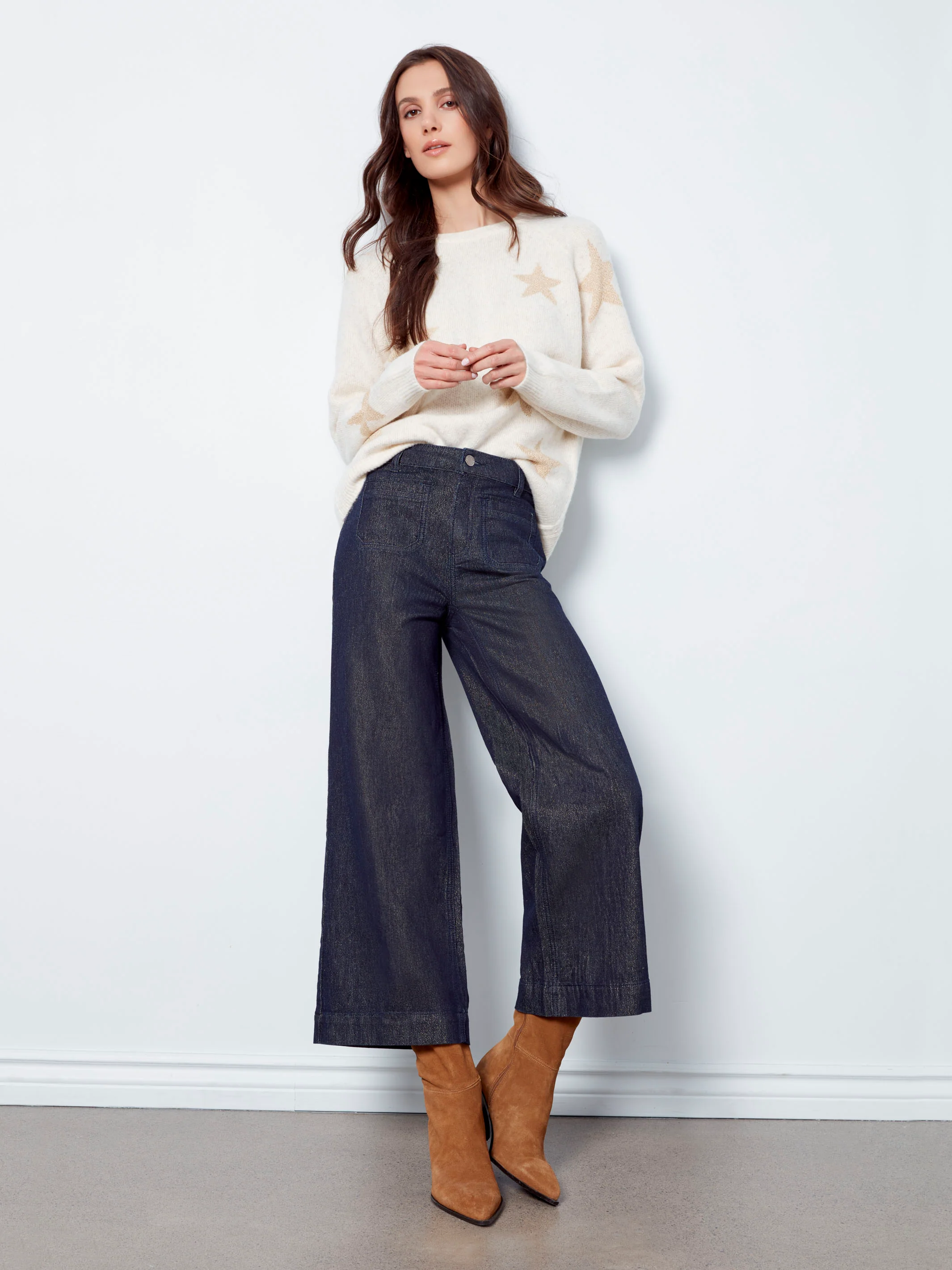 Metallic Patch Pocket Flare Jeans - Blue Black - Image 7
