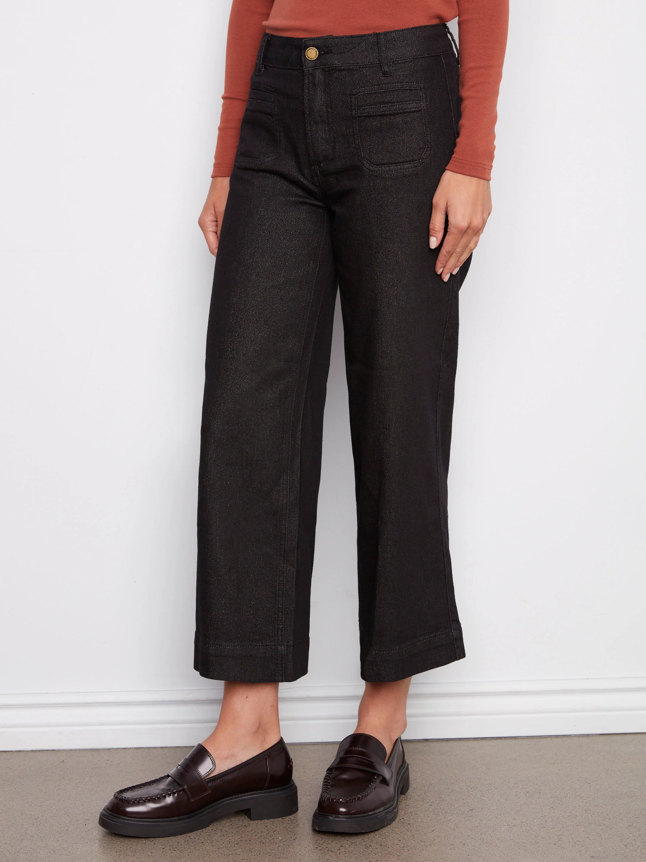 Metallic Patch Pocket Flare Jeans - Black - Image 6