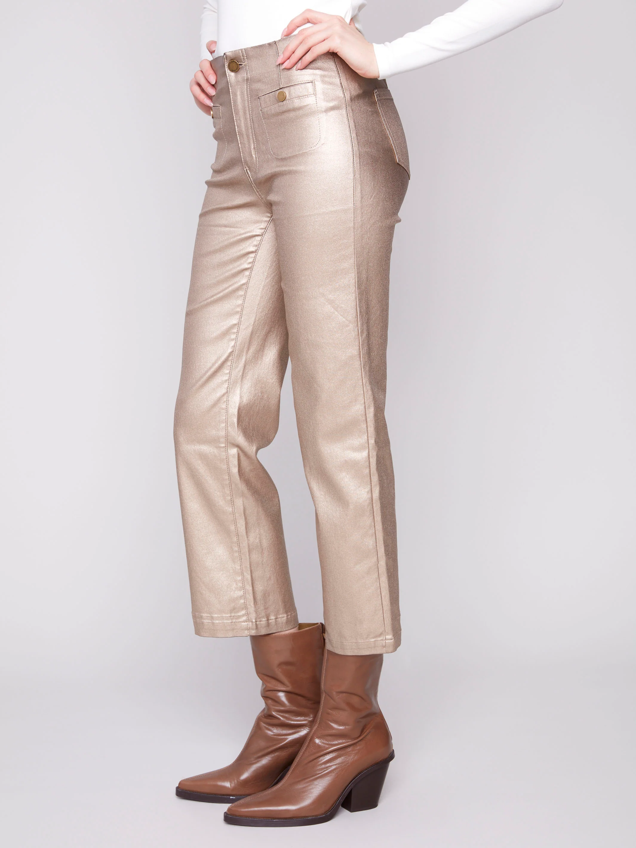 Metallic Wax Flared Pants - Brass - Image 3