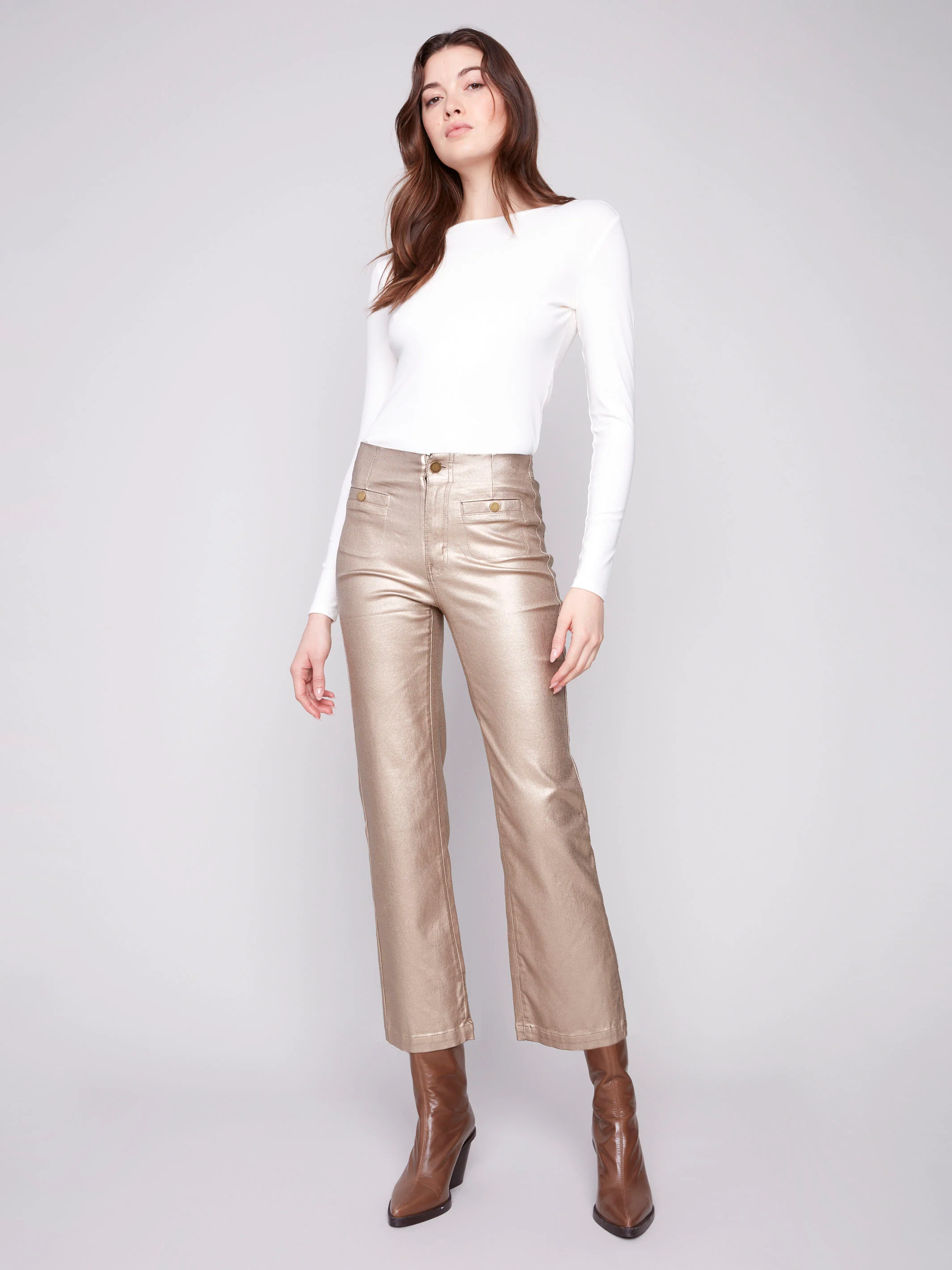 Metallic Wax Flared Pants - Brass - Image 4