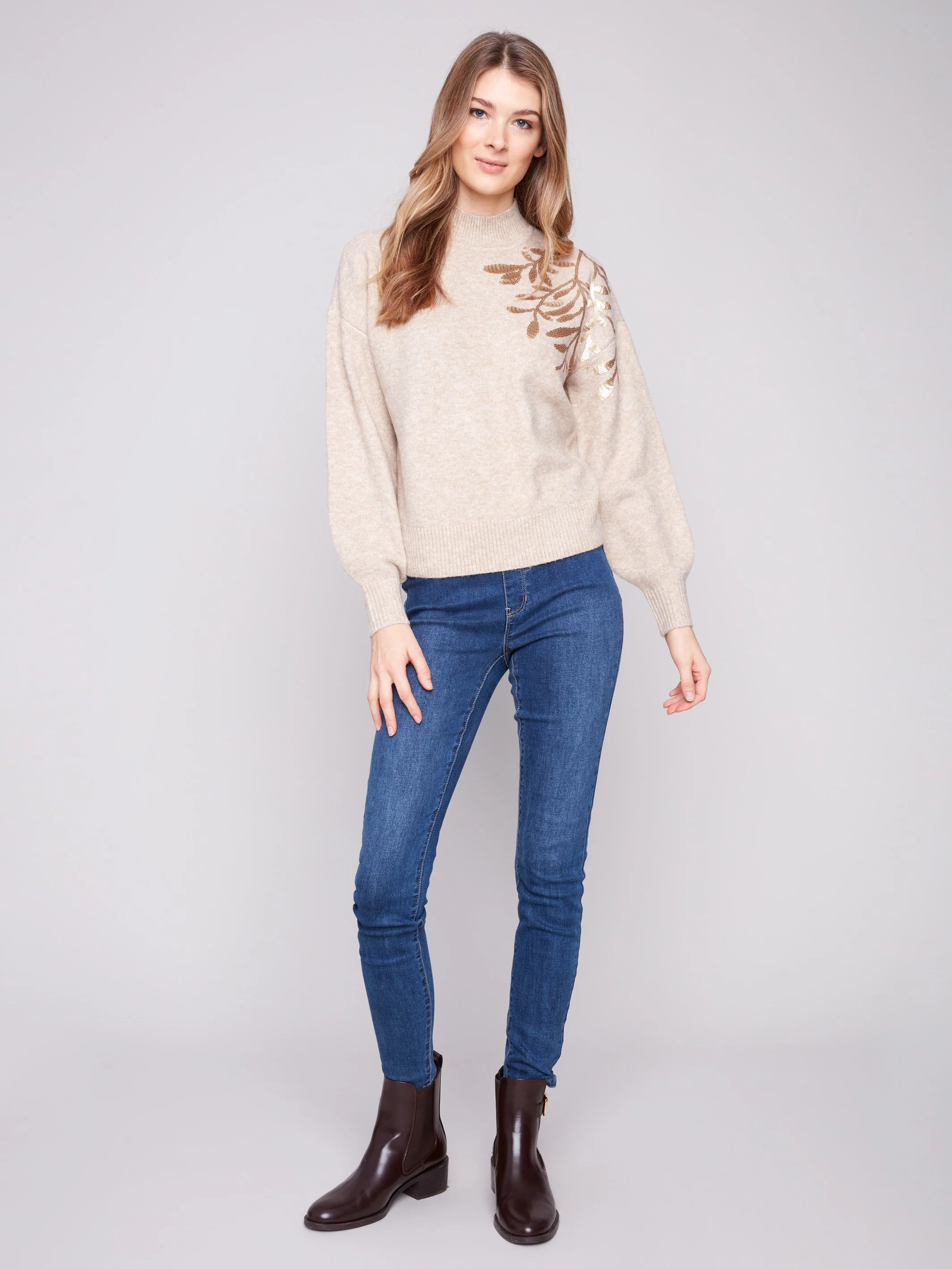 Mock Neck Sweater with Sequin Detail - Heather Oat - Image 3