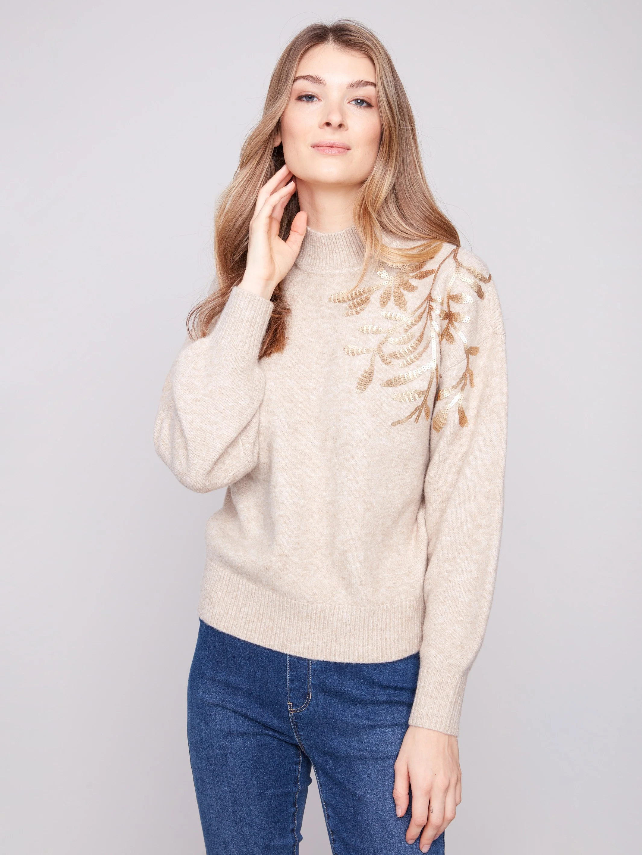 Mock Neck Sweater with Sequin Detail - Heather Oat - Image 5