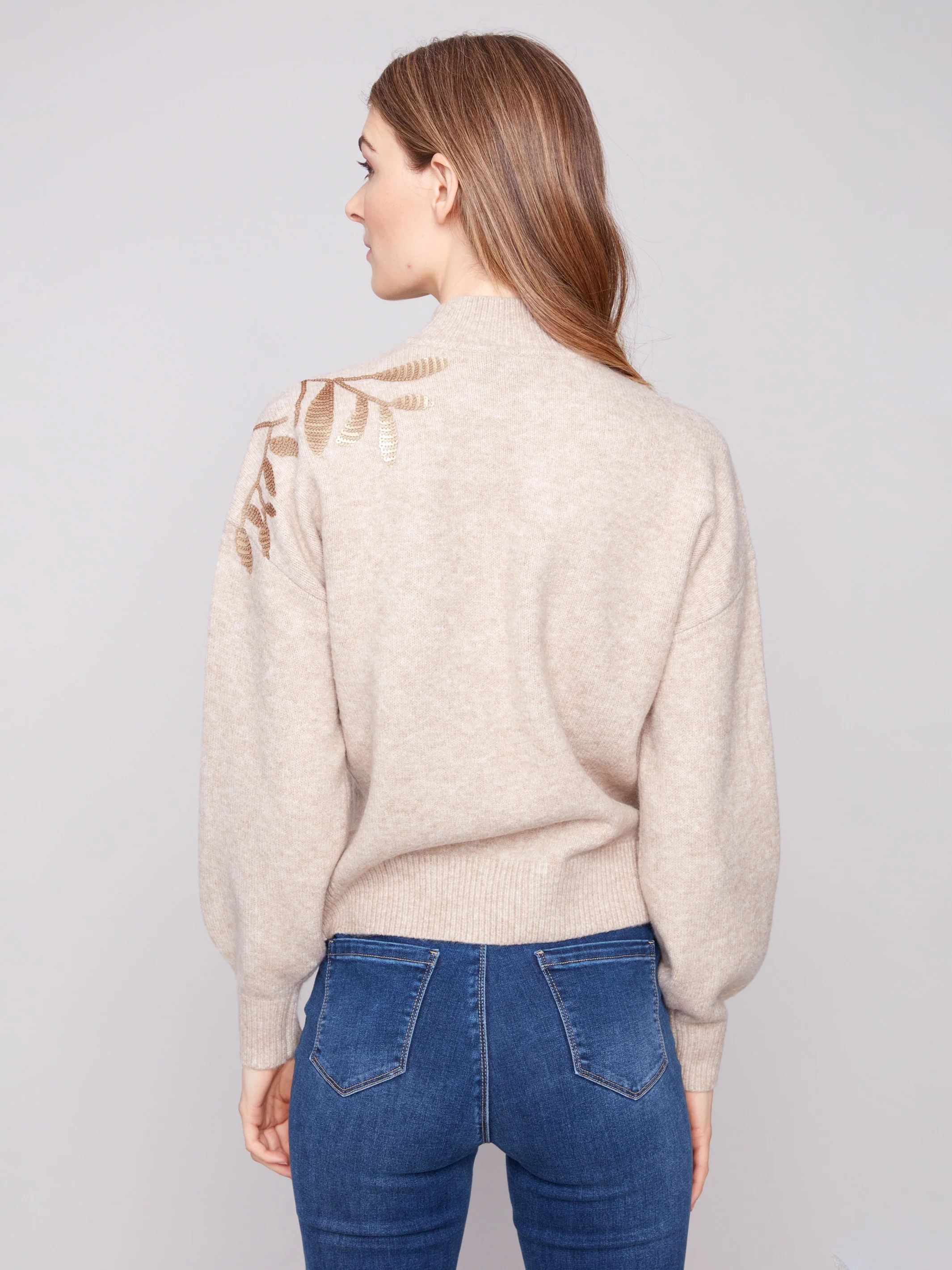 Mock Neck Sweater with Sequin Detail - Heather Oat - Image 6