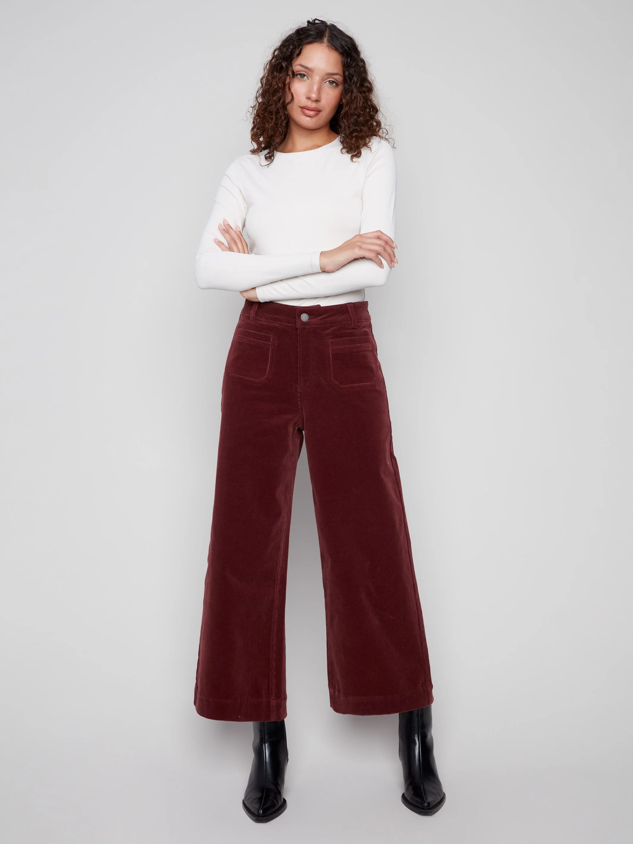 Patch Pocket Flare Corduroy Pants - Cabernet - Image 3