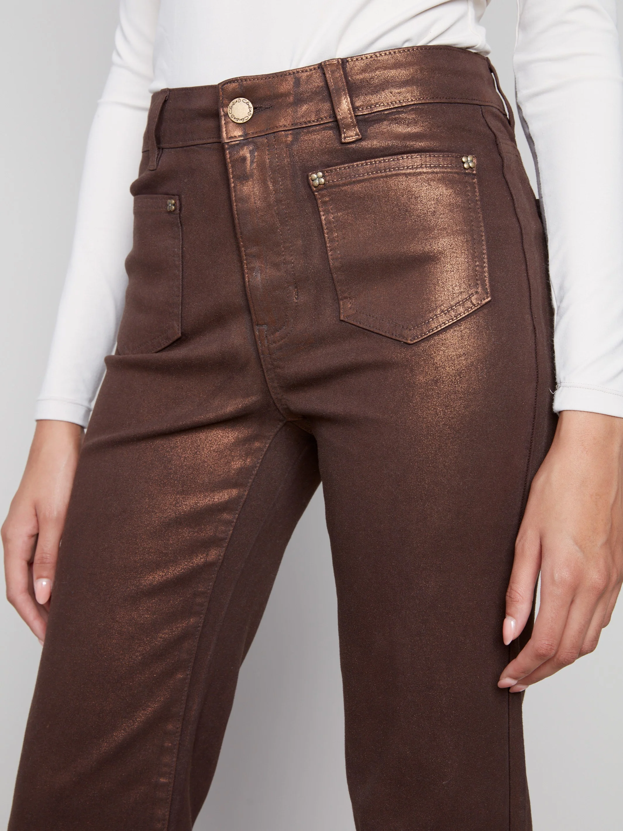 Patch Pocket Flare Metallic Twill Pants With Rivets - Bronze - Image 3