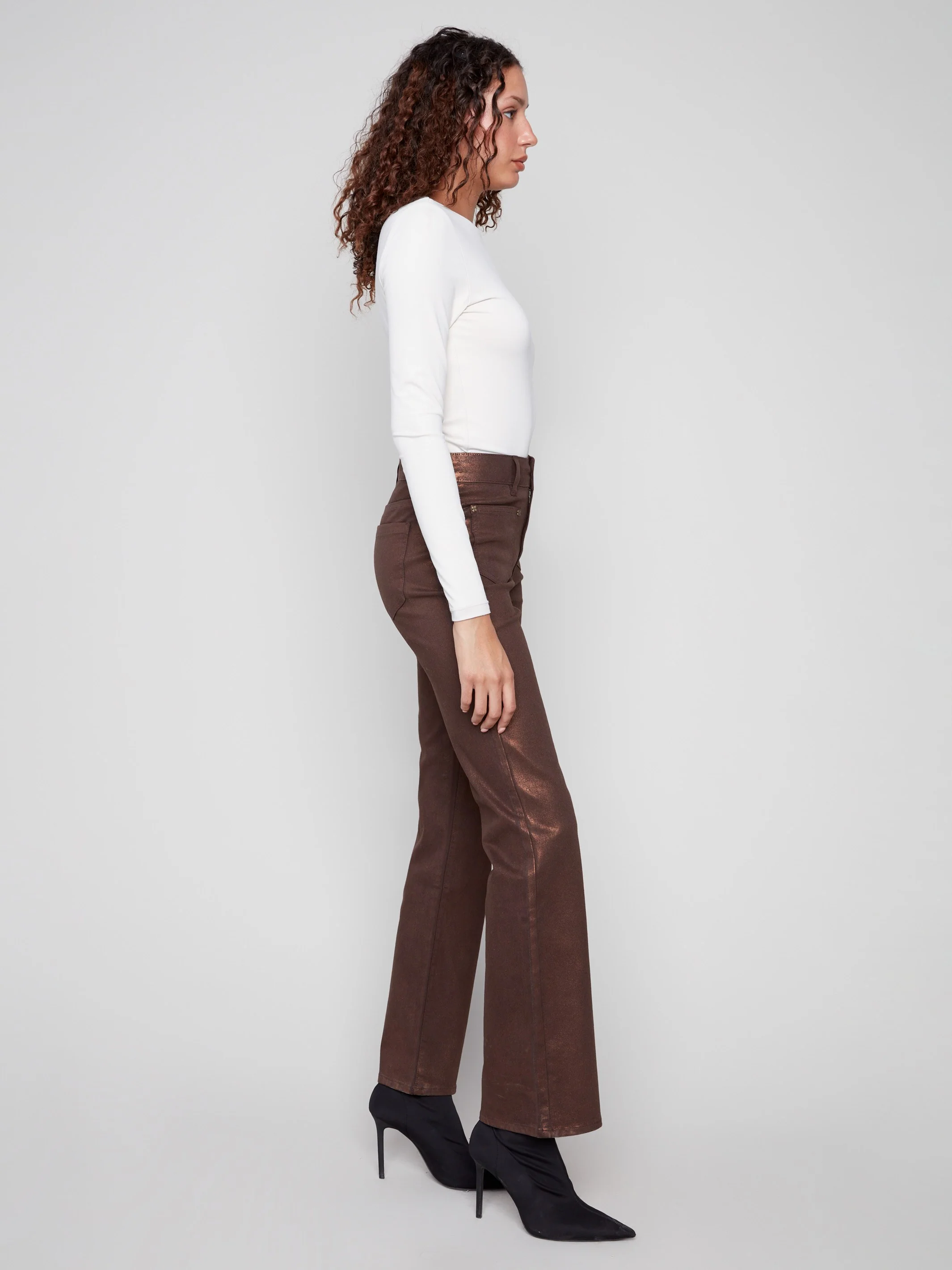 Patch Pocket Flare Metallic Twill Pants With Rivets - Bronze - Image 4