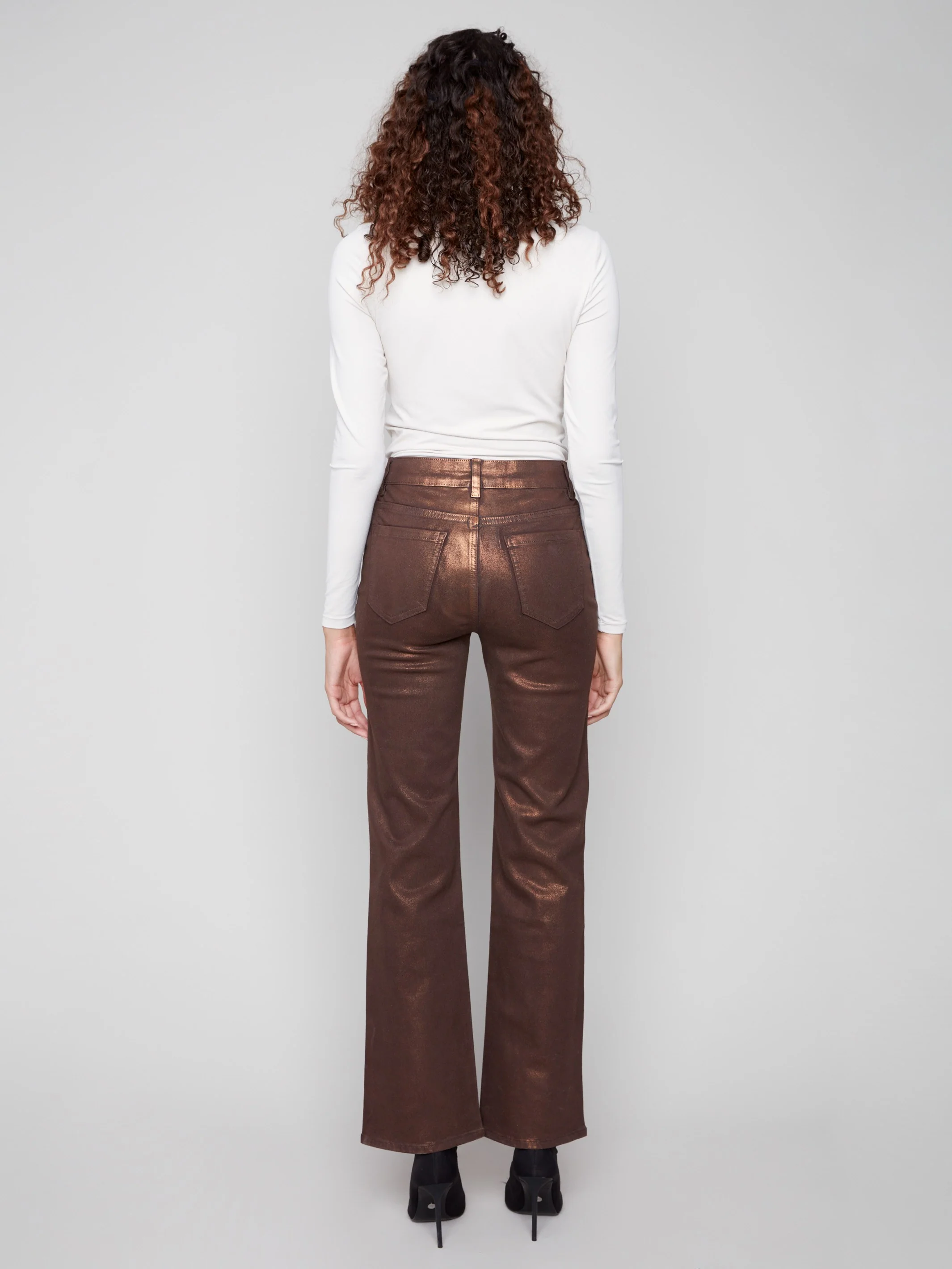 Patch Pocket Flare Metallic Twill Pants With Rivets - Bronze - Image 5