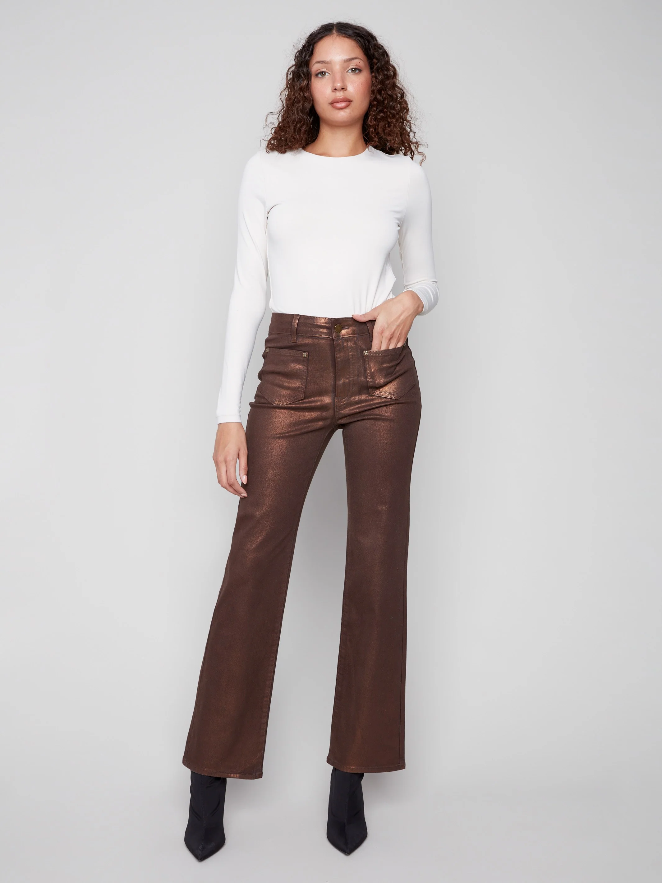 Patch Pocket Flare Metallic Twill Pants With Rivets - Bronze - Image 6
