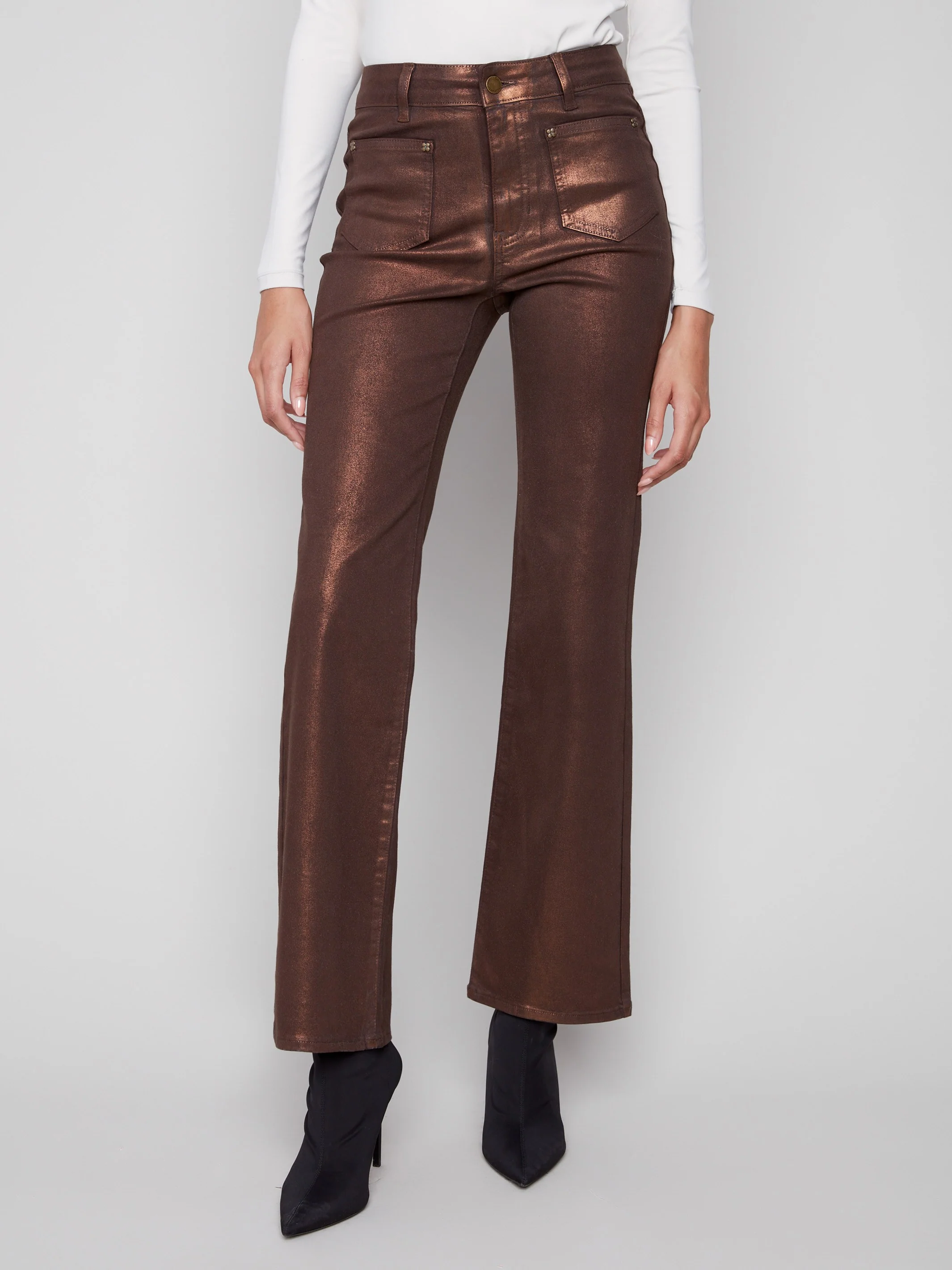 Patch Pocket Flare Metallic Twill Pants With Rivets - Bronze - Image 7