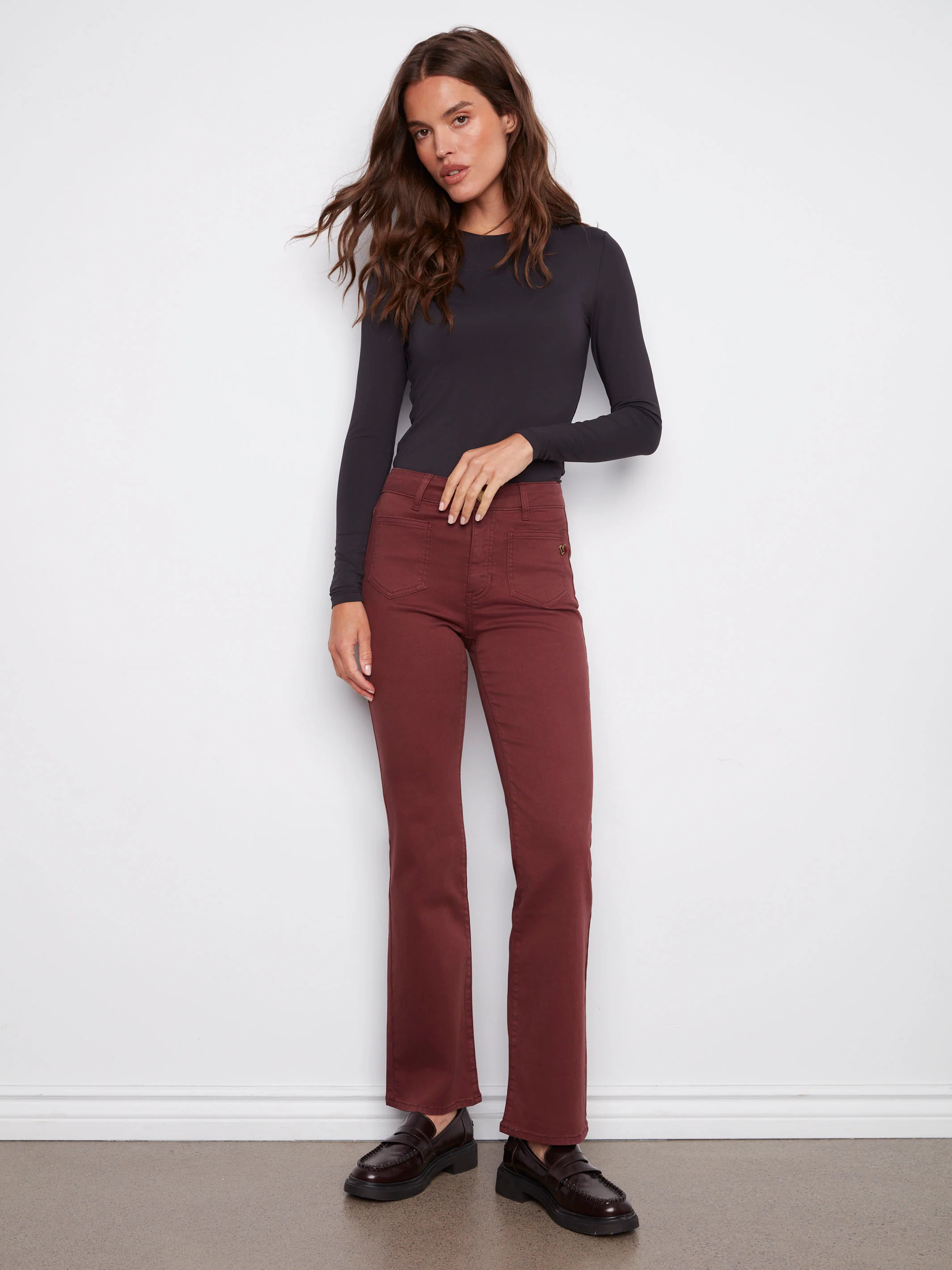 Patch Pocket Flare Twill Pants With Rivets - Cabernet - Image 5