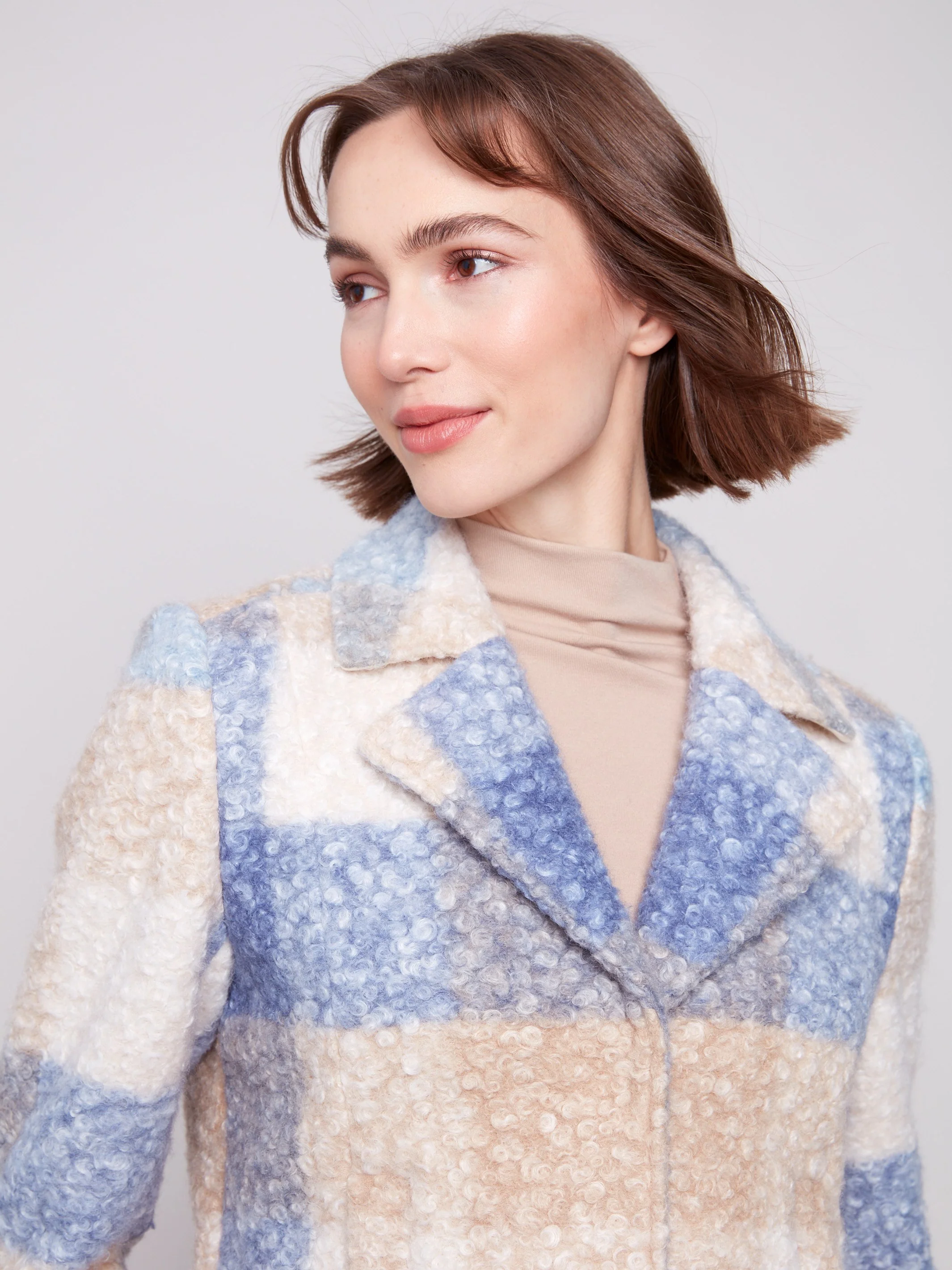 Plaid Bouclé Knit Short Coat - Oxford - Image 3