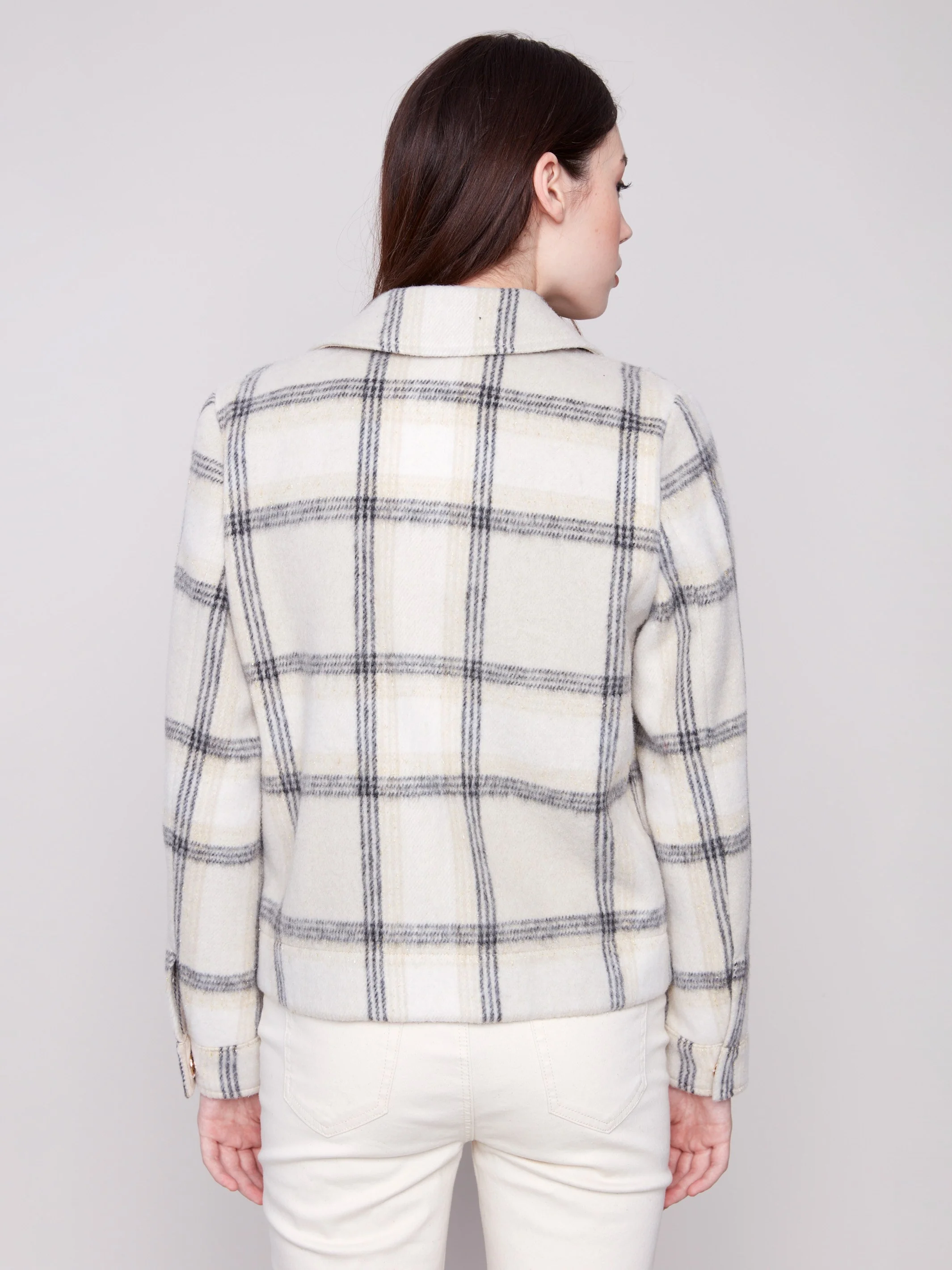Plaid Lurex Knit Short Coat - Beige - Image 3