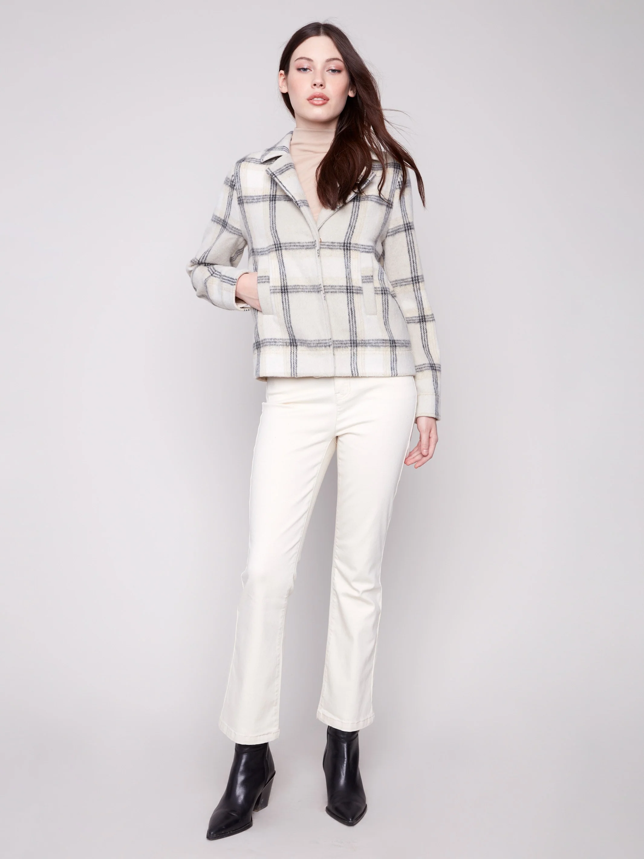 Plaid Lurex Knit Short Coat - Beige - Image 4