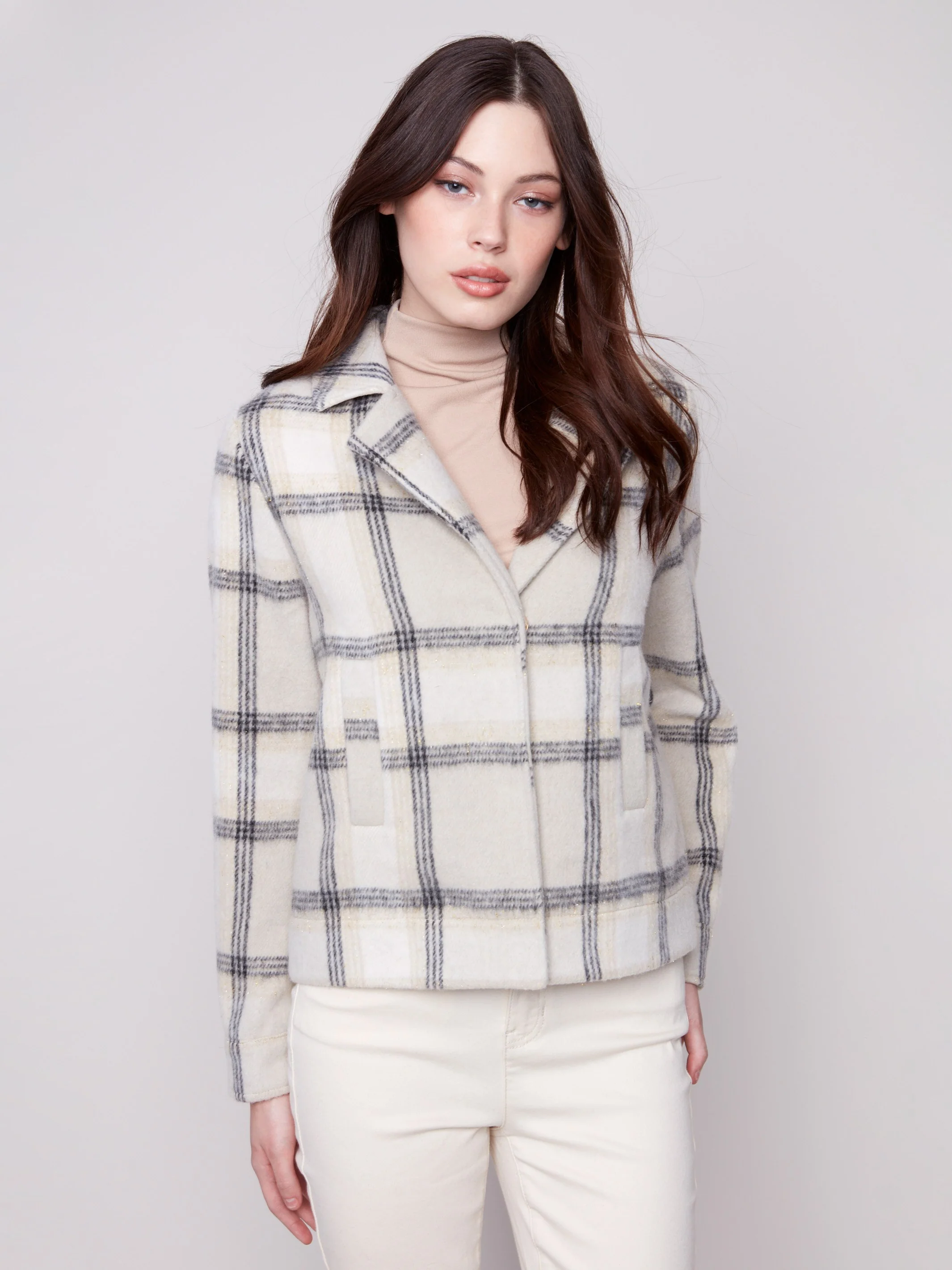 Plaid Lurex Knit Short Coat - Beige - Image 5