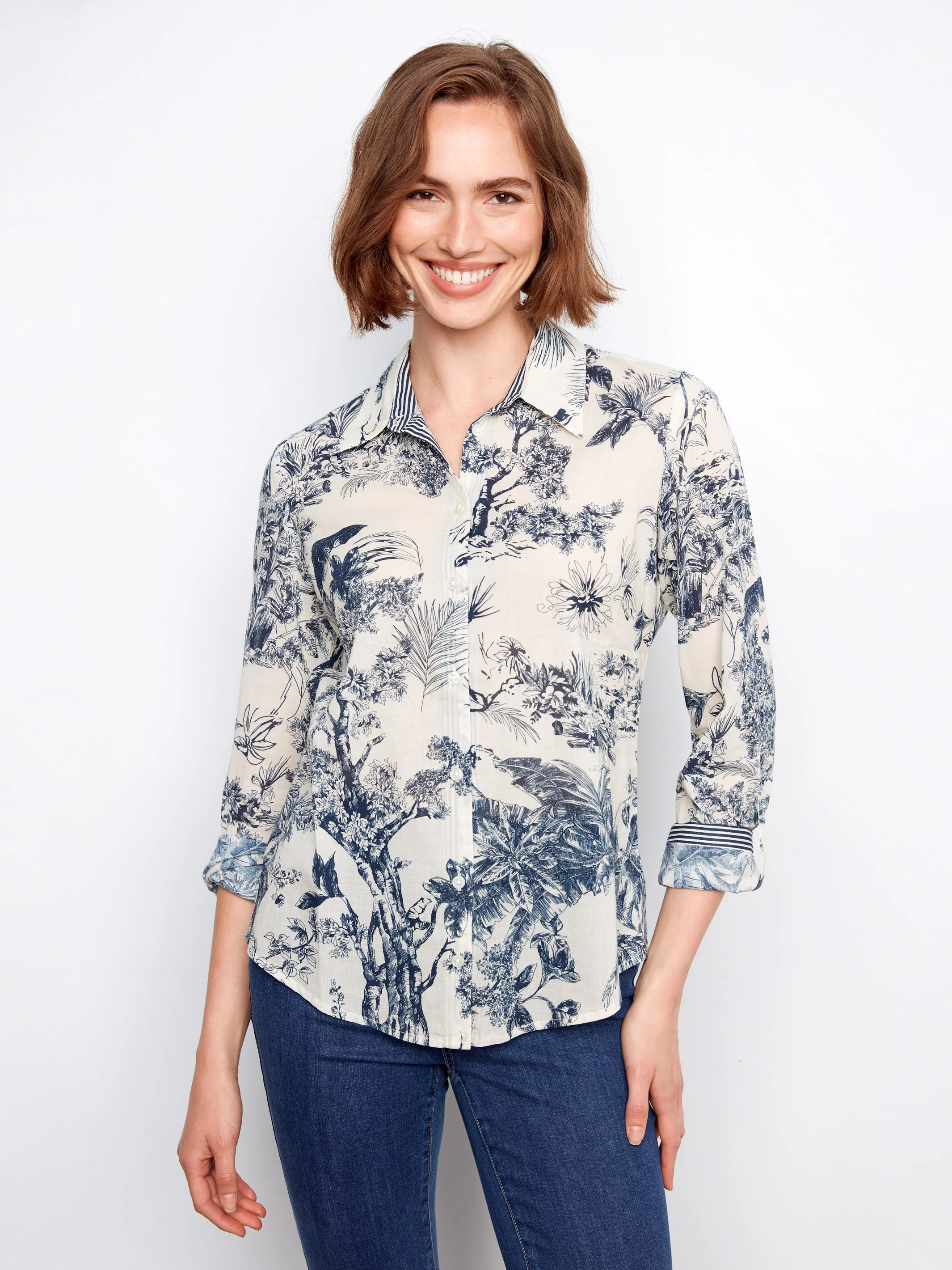 Printed Cotton Voile Button-Up Blouse - Versailles - Image 3