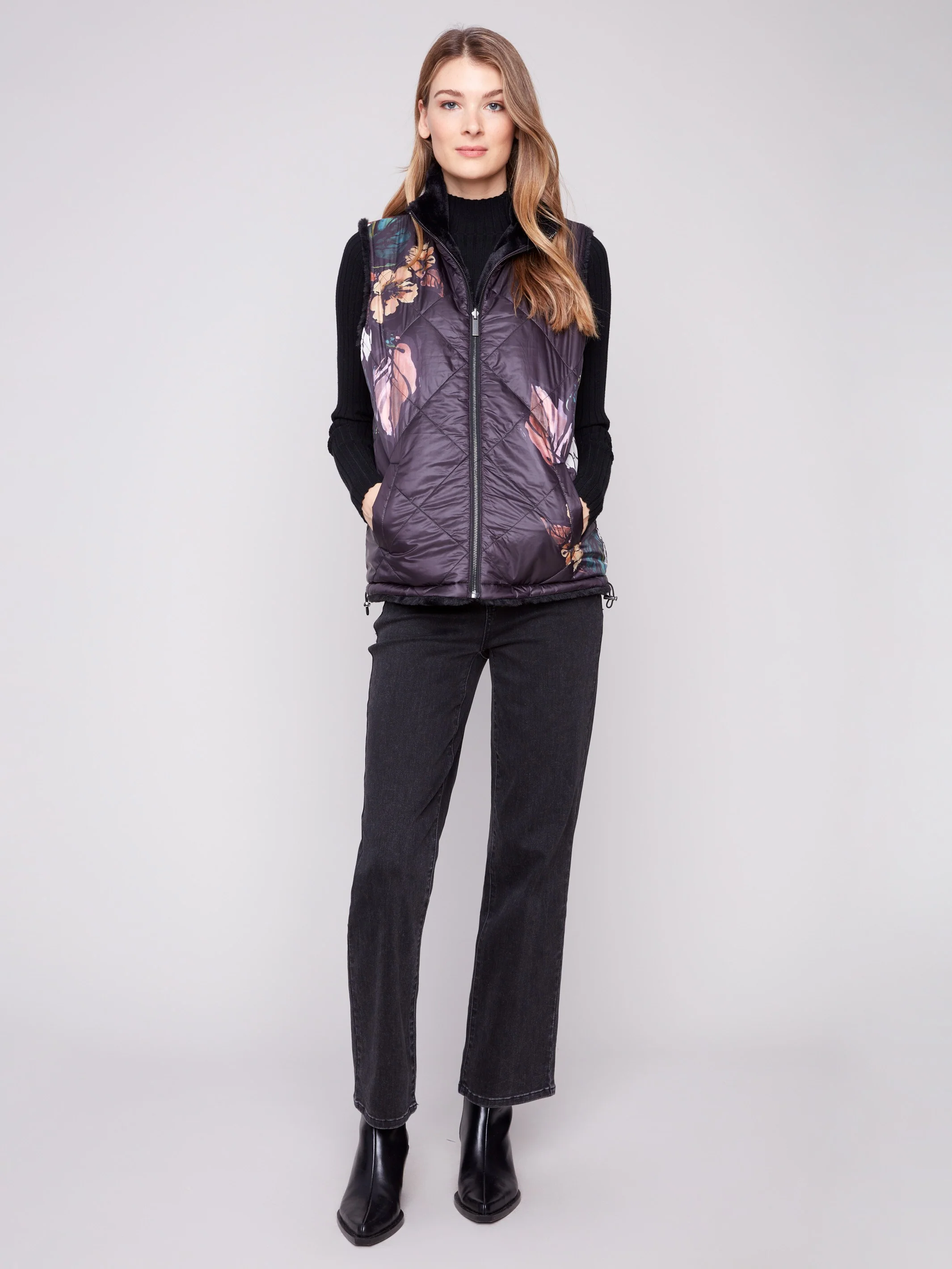 Printed Reversible Quilted Faux Fur Vest - Black - Image 3