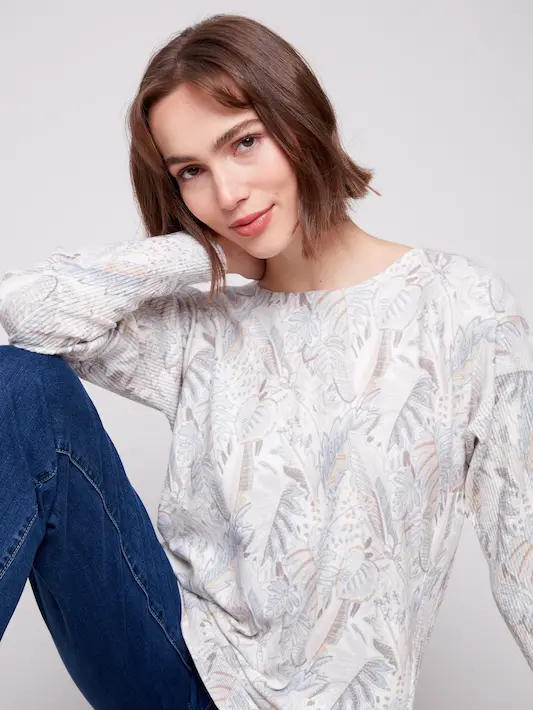 Printed Rounded Hem Sweater - Foliage - Image 11