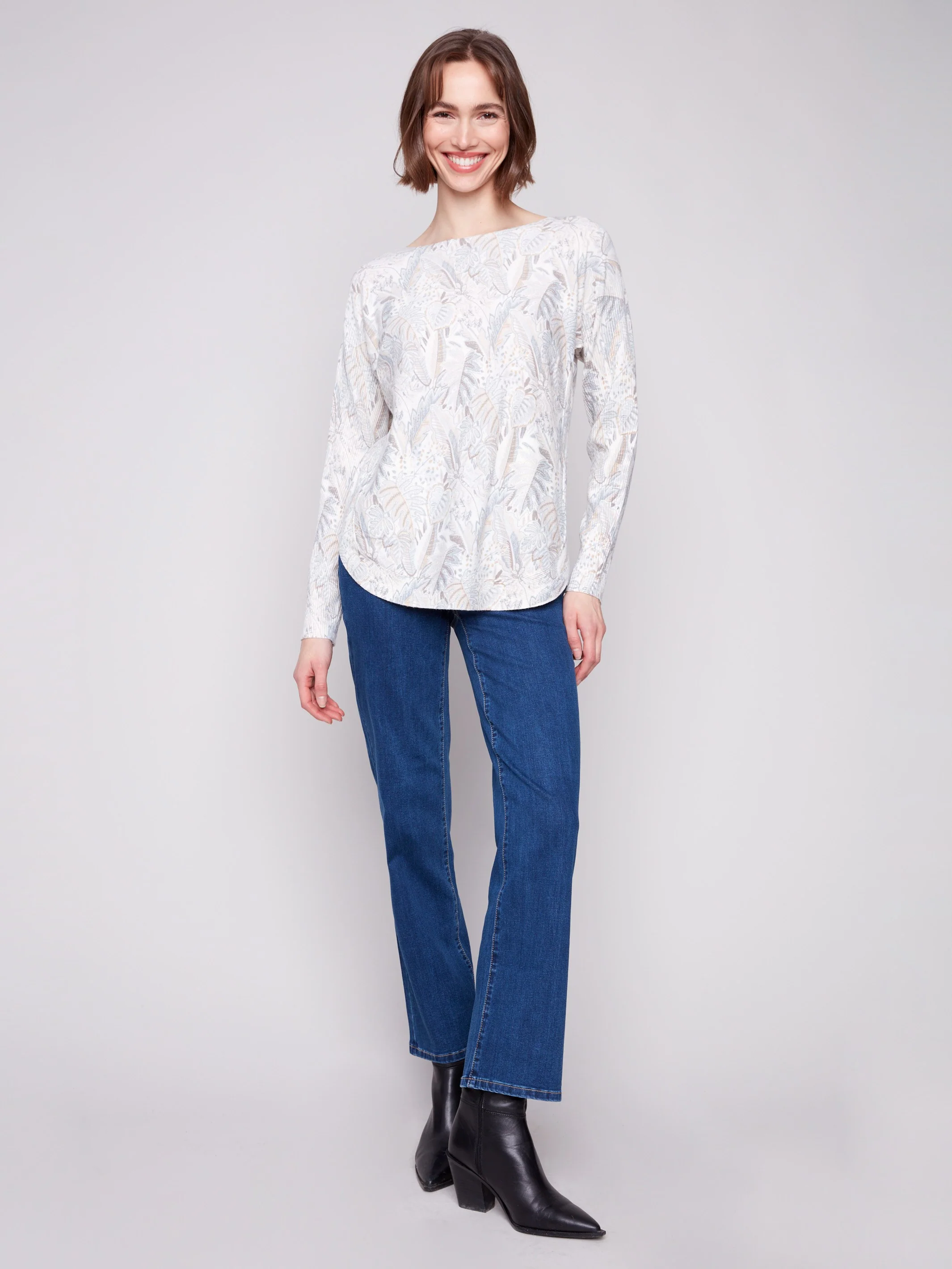 Printed Rounded Hem Sweater - Foliage - Image 4