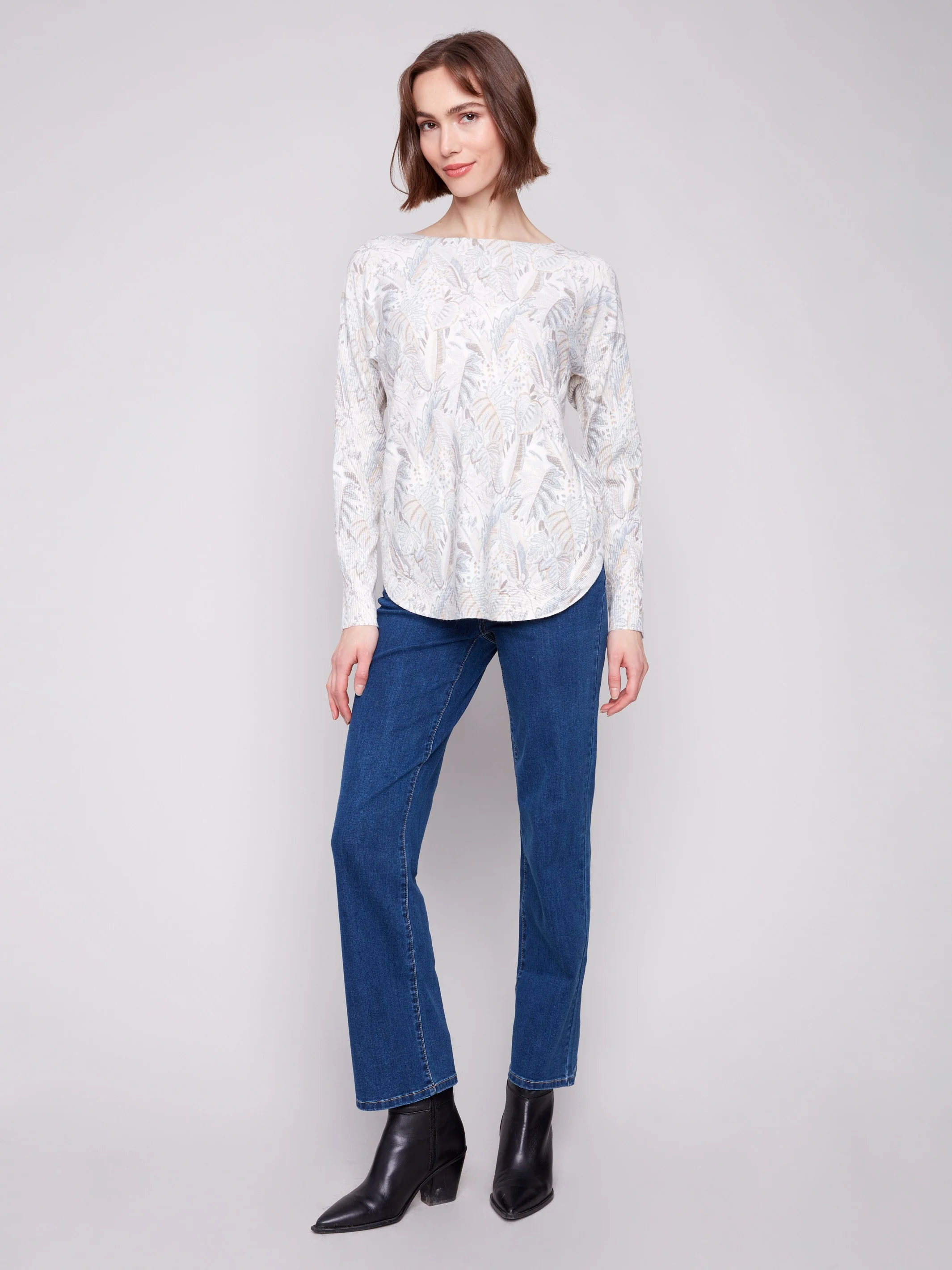 Printed Rounded Hem Sweater - Foliage - Image 6
