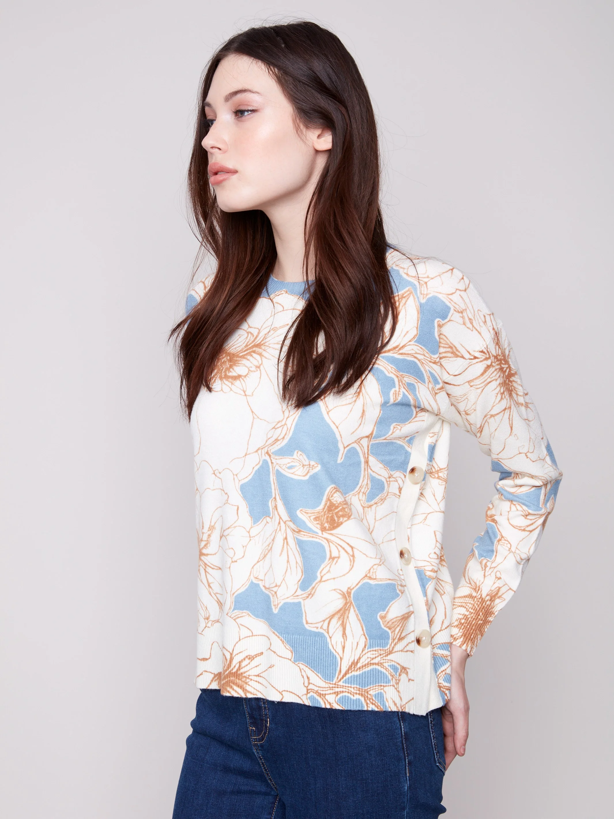 Printed Sweater With Side Buttons - Mist - Image 3