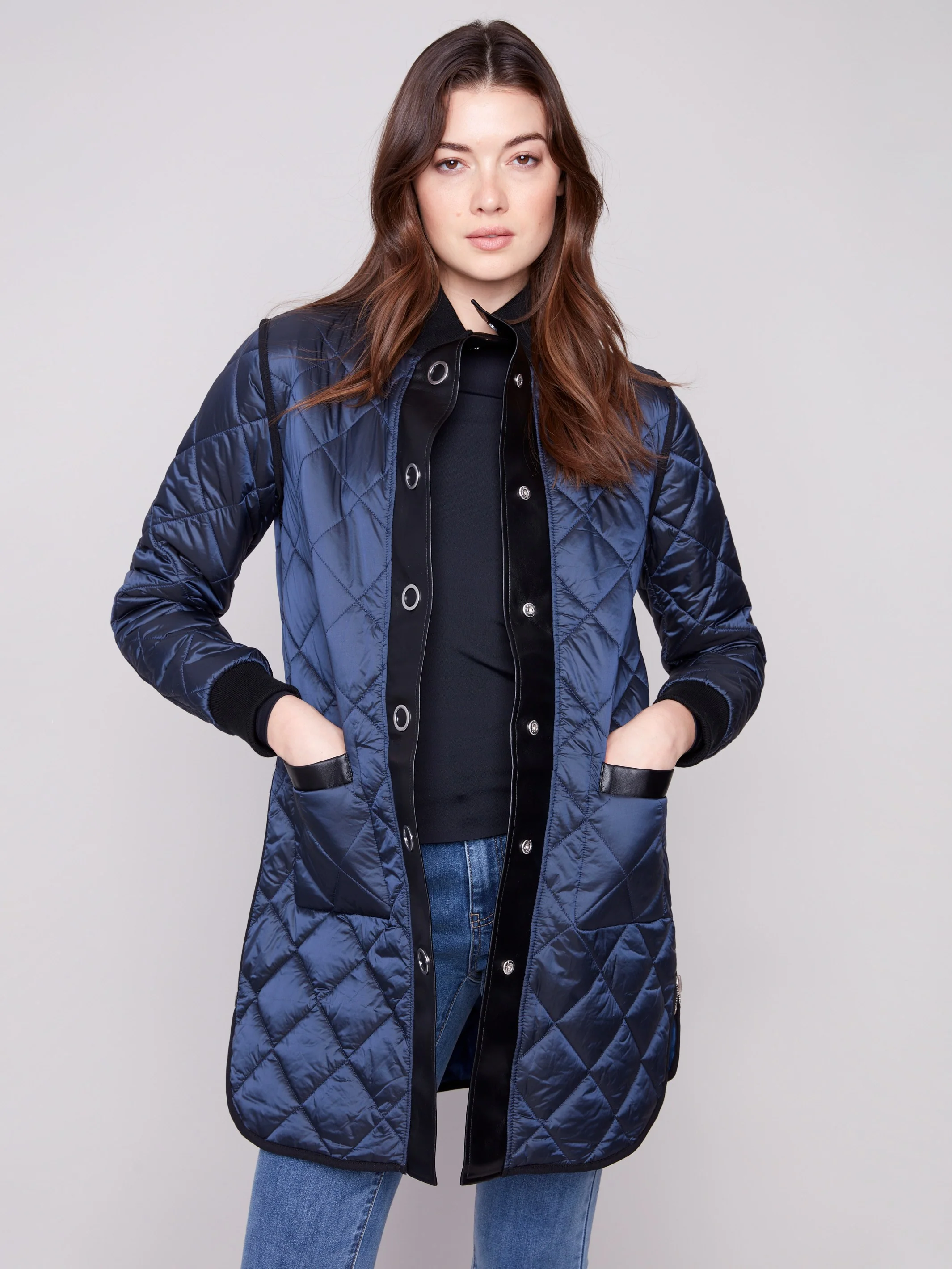Reversible Long Quilted Puffer Jacket - Navy - Image 3