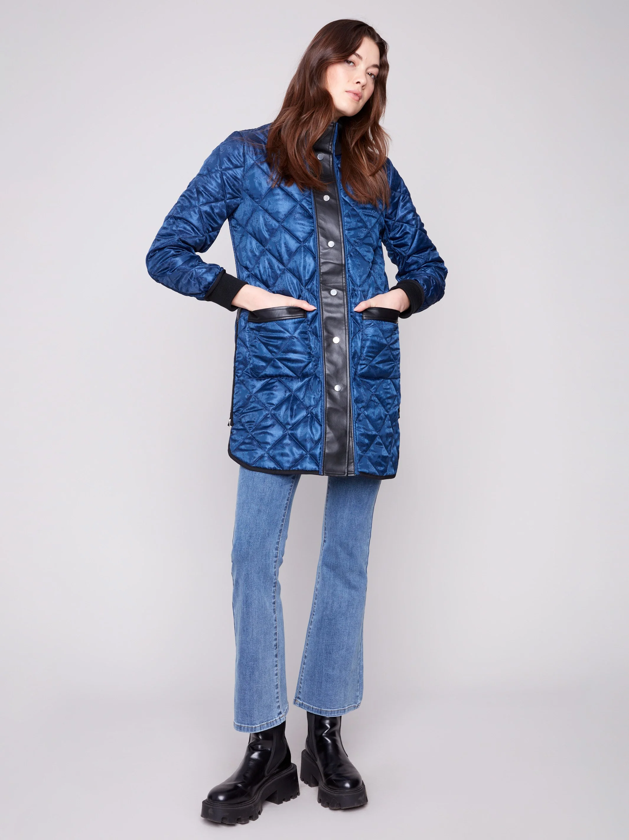 Reversible Long Quilted Puffer Jacket - Navy - Image 5