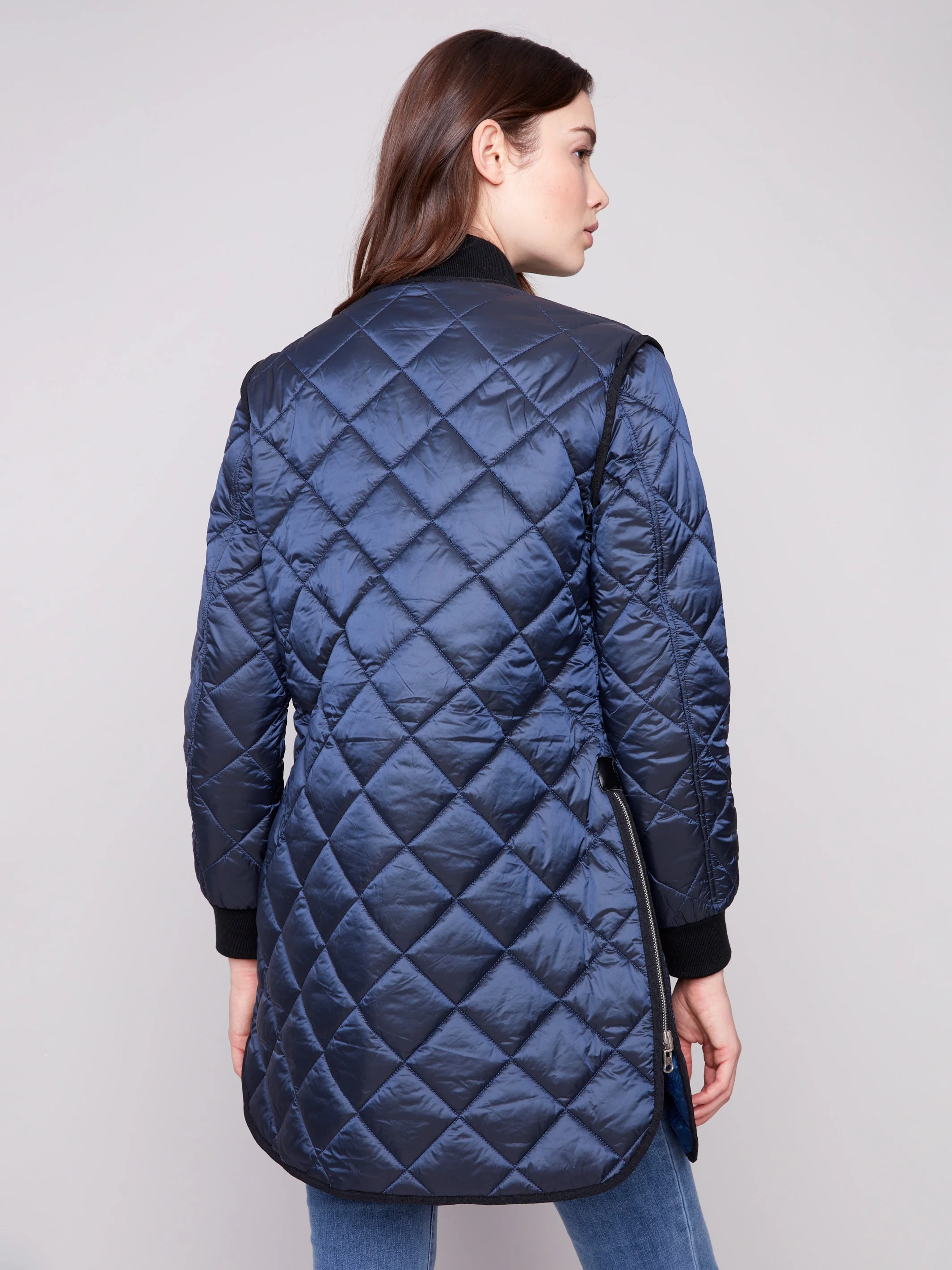 Reversible Long Quilted Puffer Jacket - Navy - Image 7