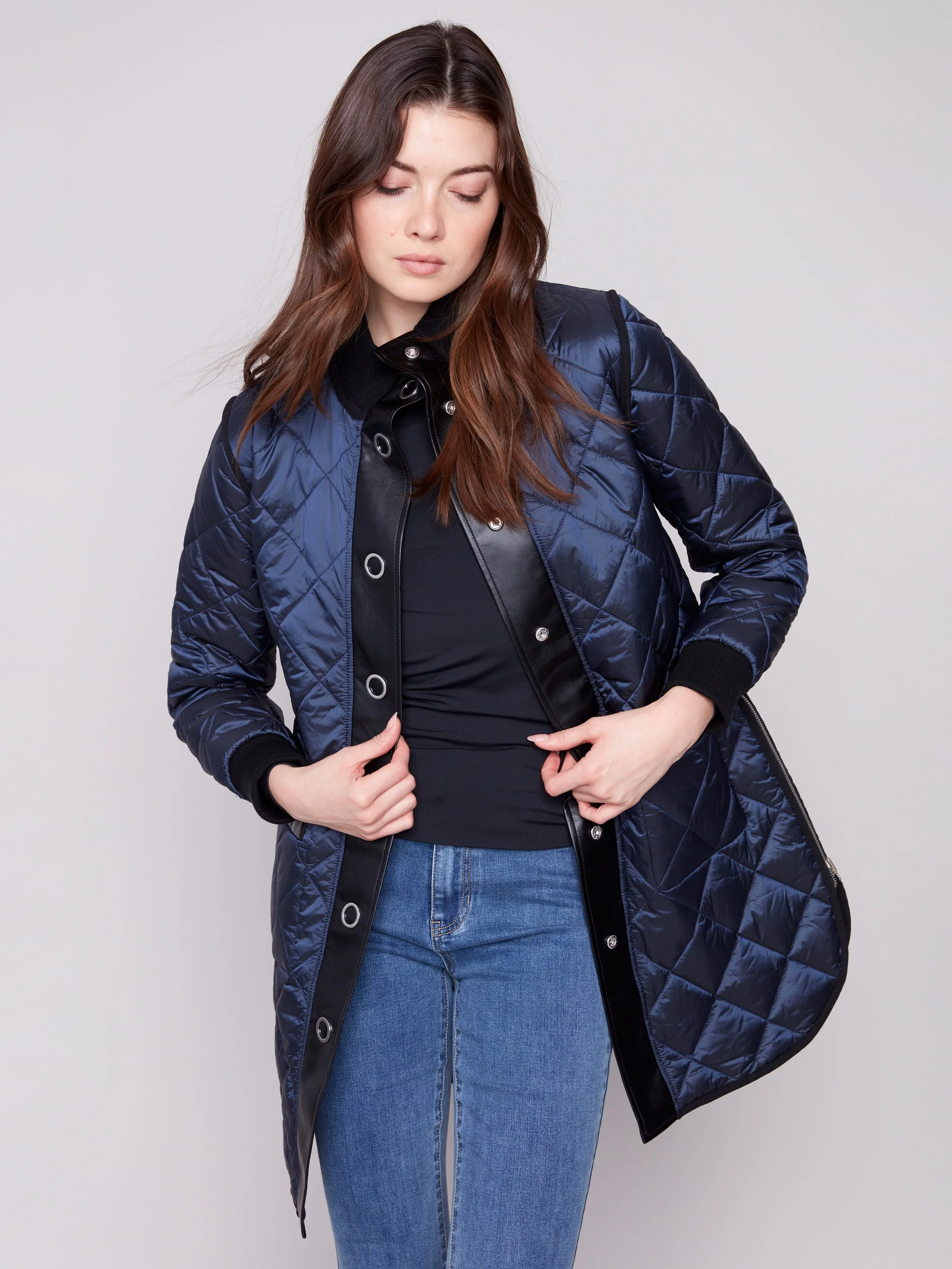 Reversible Long Quilted Puffer Jacket - Navy - Image 8