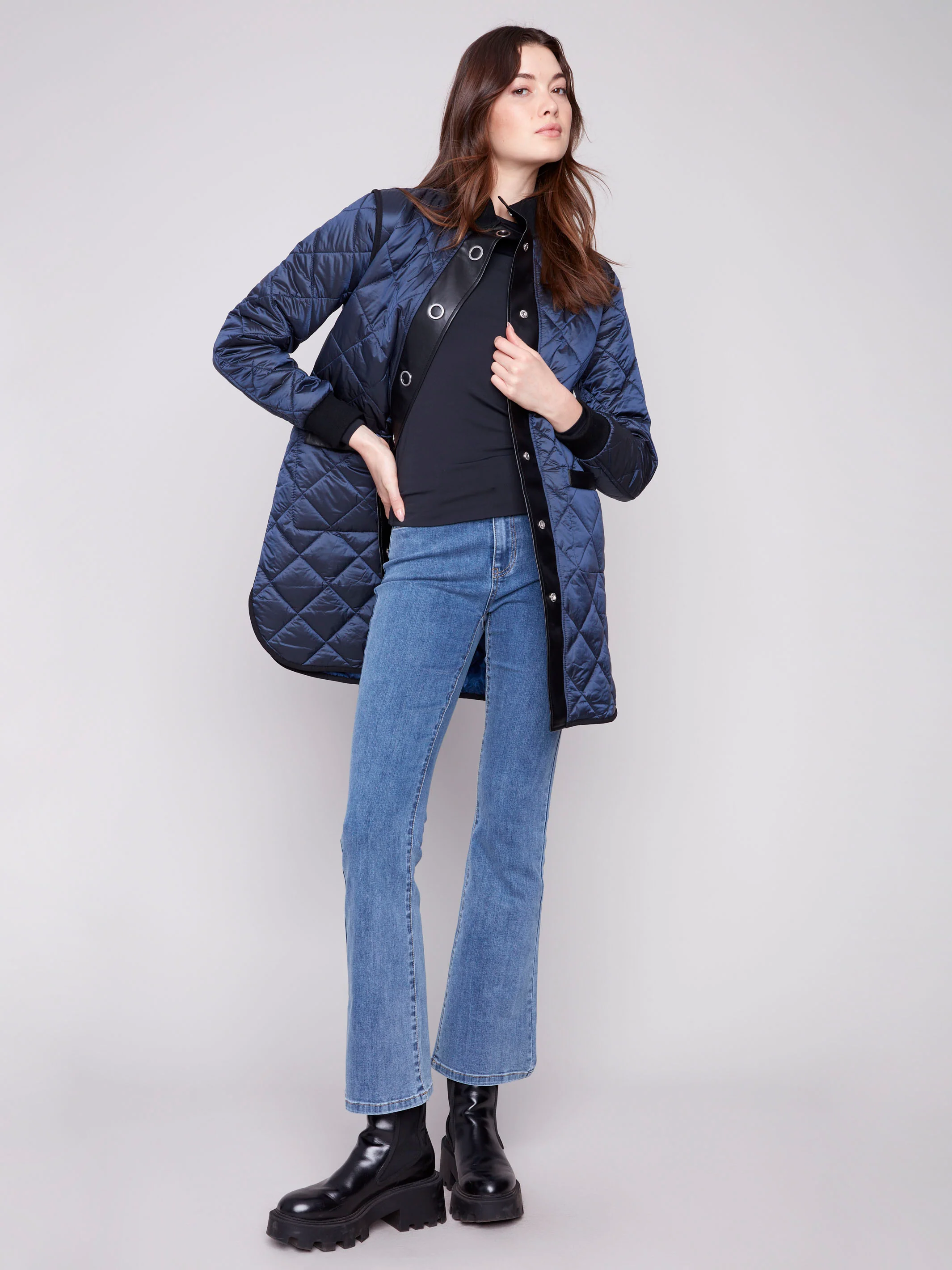 Reversible Long Quilted Puffer Jacket - Navy - Image 9