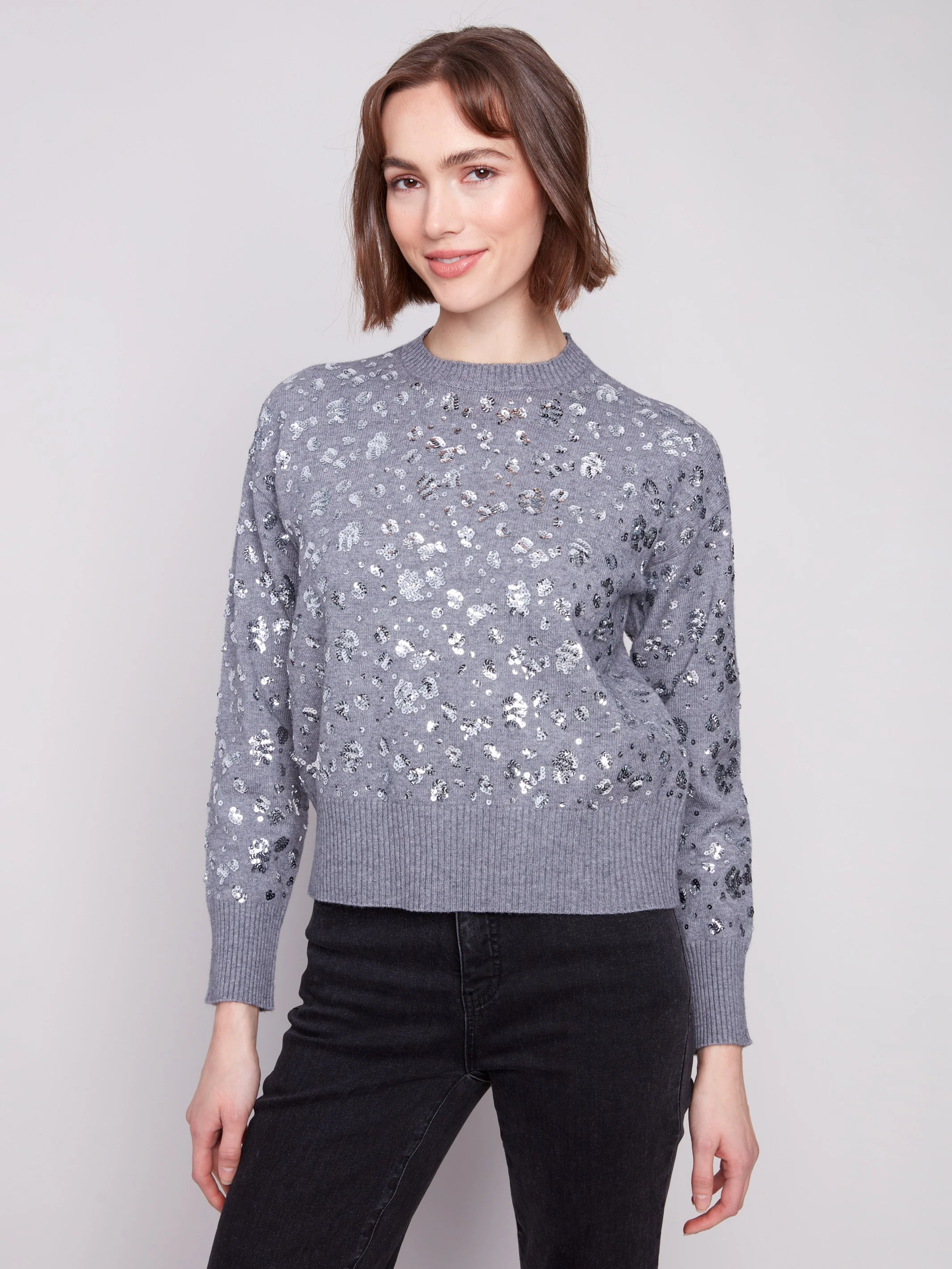 Sequined Crew Neck Sweater - Dark Heather Grey - Image 3