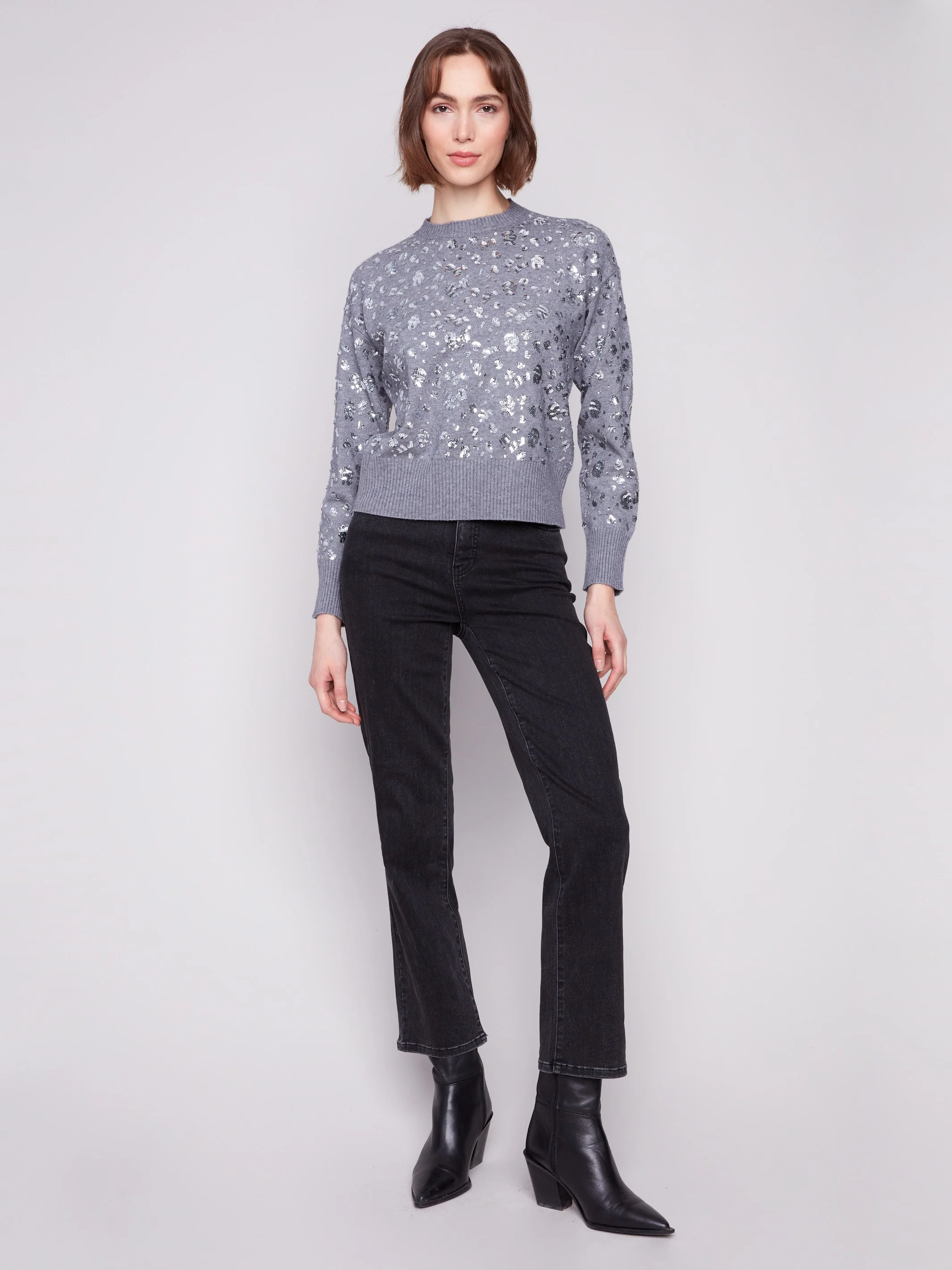 Sequined Crew Neck Sweater - Dark Heather Grey - Image 4