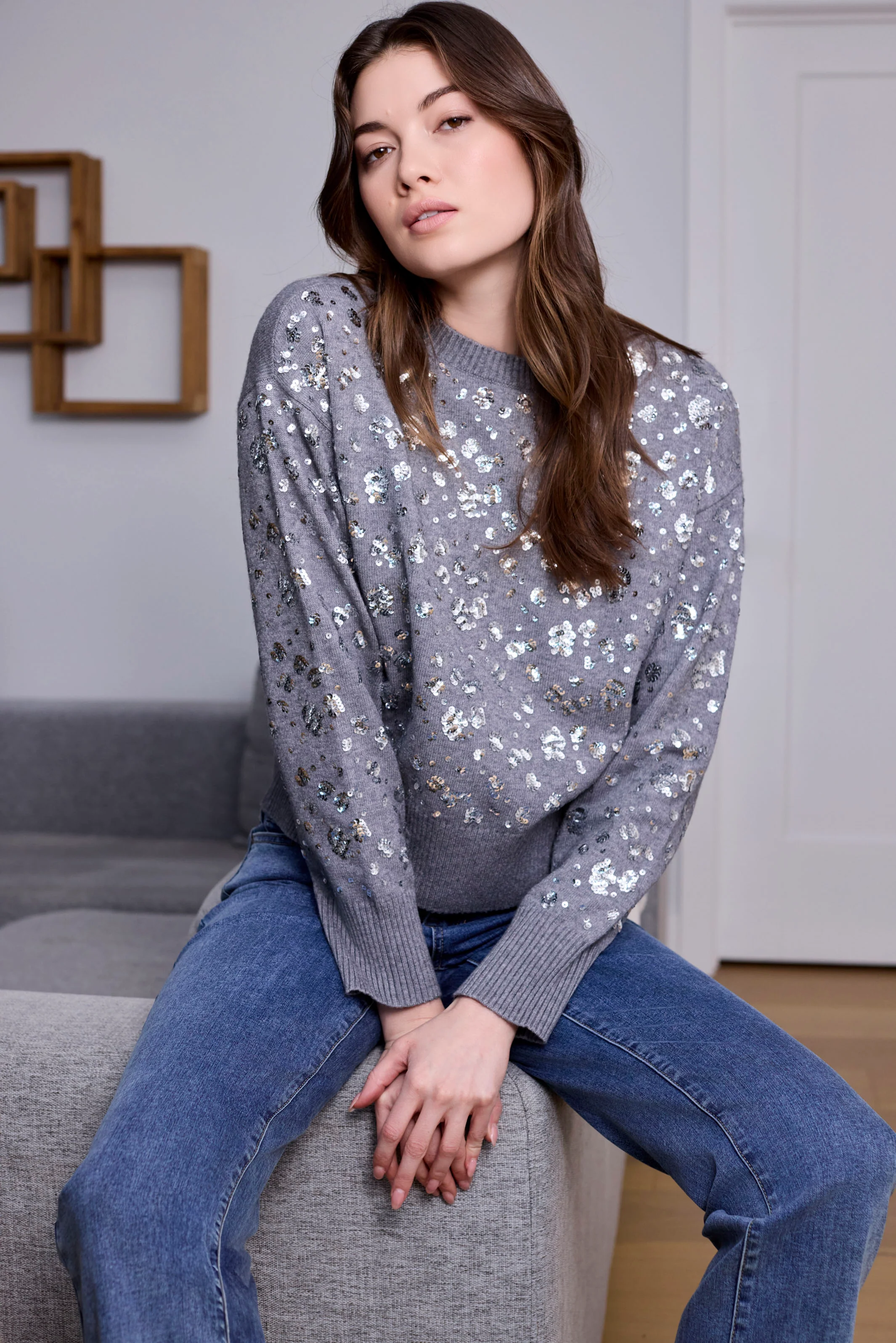 Sequined Crew Neck Sweater - Dark Heather Grey - Image 5